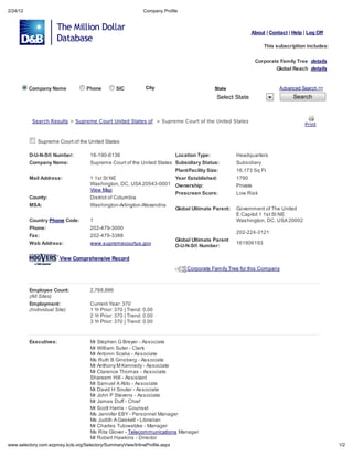 2/24/12                                                             Compan Profile



                                                                                                                   About | Contact | Help | Log Off

                                                                                                                        This subscription includes:

                                                                                                                    Corporate Famil Tree de ail
                                                                                                                              Global Reach de ail


          Company Name                   Phone         SIC           Cit                           State                       Advanced Search >>

                                                                                                    Select State                     Search



           Sea ch Re       l     > S p eme C o        Uni ed S a e of > S p eme C o          of he Uni ed S a e
                                                                                                                                          P in


             Supreme Court of the United States

          D-U-N-S Number:                 16-190-6136                        Location Type:                 Headquarters
          Company Name:                   Supreme Court of the United States Subsidiary Status:             Subsidiary
                                                                          Plant/Facility Size:              16,173 Sq Ft
          Mail Address:                   1 1st St NE                     Year Established:                 1790
                                          Washington, DC, USA 20543-0001 Ownership:                         Private
                                          View Map
                                                                          Prescreen Score:                  Low Risk
          County:                         District of Columbia
          MSA:                            Washington-Arlington-Alexandria
                                                                          Global Ultimate Parent:           Government of The United
                                                                                                            E Capitol 1 1st St NE
          Country Phone Code:             1                                                                 Washington, DC, USA 20002
          Phone:                          202-479-3000
                                                                                                            202-224-3121
          Fax:                            202-479-3388
                                                                                   Global Ultimate Parent
          Web Address:                    www.supremecourtus.gov                                            161906193
                                                                                   D-U-N-S Number:

                        View Comprehensive Record

                                                                                       Corporate Family Tree for this Company



          Employee Count:                 2,768,886
          (All Si e )
          Employment:                     Current Year: 370
          (Indi id al Si e)               1 Yr Prior: 370 | Trend: 0.00
                                          2 Yr Prior: 370 | Trend: 0.00
                                          3 Yr Prior: 370 | Trend: 0.00



          Executives:                     Mr Stephen G Breyer - Associate
                                          Mr William Suter - Clerk
                                          Mr Antonin Scalia - Associate
                                          Ms Ruth B Ginsberg - Associate
                                          Mr Anthony M Kennedy - Associate
                                          Mr Clarence Thomas - Associate
                                          Shareem Hill - Assistant
                                          Mr Samuel A Alito - Associate
                                          Mr David H Souter - Associate
                                          Mr John P Stevens - Associate
                                          Mr James Duff - Chief
                                          Mr Scott Harris - Counsel
                                          Ms Jennifer EBY - Personnel Manager
                                          Ms Judith A Gaskell - Librarian
                                          Mr Charles Tulowetzke - Manager
                                          Ms Rita Glover - Telecommunications Manager
                                          Mr Robert Hawkins - Director
    .selector .com.e pro       .kcls.org/Selector /Summar Vie /InlineProfile.asp                                                                      1/2
 