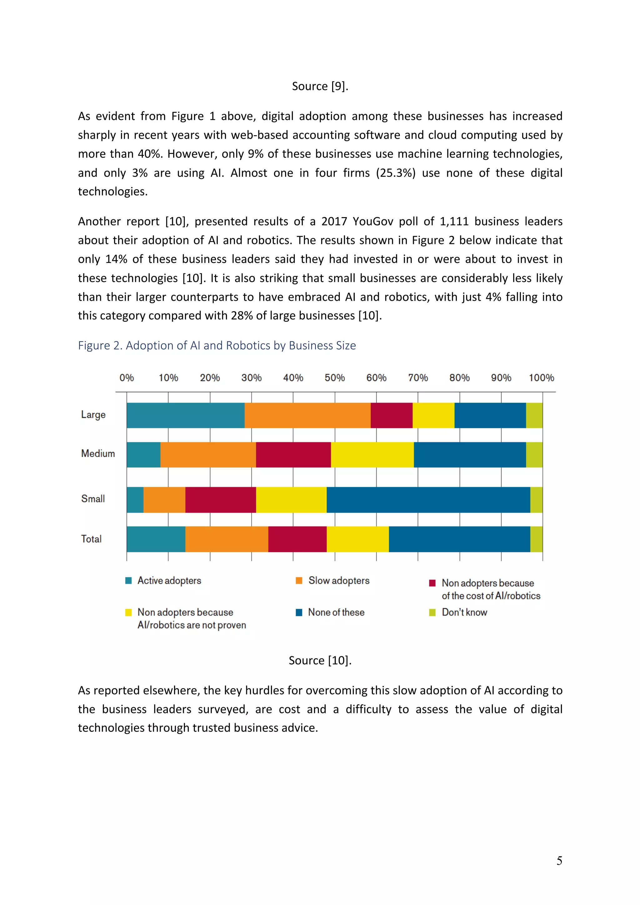 5
Source	[9].	
As	 evident	 from	 Figure	 1	 above,	 digital	 adoption	 among	 these	 businesses	 has	 increased	
sharply	in	recent	years	with	web-based	accounting	software	and	cloud	computing	used	by	
more	than	40%.	However,	only	9%	of	these	businesses	use	machine	learning	technologies,	
and	 only	 3%	 are	 using	 AI.	 Almost	 one	 in	 four	 firms	 (25.3%)	 use	 none	 of	 these	 digital	
technologies.	
Another	 report	 [10],	 presented	 results	 of	 a	 2017	 YouGov	 poll	 of	 1,111	 business	 leaders	
about	their	adoption	of	AI	and	robotics.	The	results	shown	in	Figure	2	below	indicate	that	
only	 14%	 of	 these	 business	 leaders	 said	 they	 had	 invested	 in	 or	 were	 about	 to	 invest	 in	
these	technologies	[10].	It	is	also	striking	that	small	businesses	are	considerably	less	likely	
than	their	larger	counterparts	to	have	embraced	AI	and	robotics,	with	just	4%	falling	into	
this	category	compared	with	28%	of	large	businesses	[10].	
Figure 2. Adoption of AI and Robotics by Business Size
Source	[10].	
As	reported	elsewhere,	the	key	hurdles	for	overcoming	this	slow	adoption	of	AI	according	to	
the	 business	 leaders	 surveyed,	 are	 cost	 and	 a	 difficulty	 to	 assess	 the	 value	 of	 digital	
technologies	through	trusted	business	advice.	
	
 