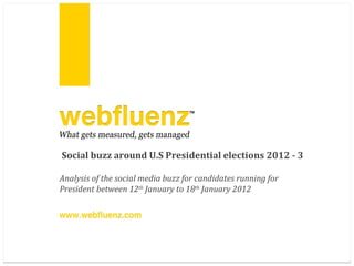 Social buzz around U.S Presidential elections 2012 - 3 Analysis of the social media buzz for candidates running for President between 12 th  January to 18 th  January 2012 