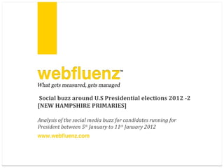 Social buzz around U.S Presidential elections 2012 -2 [NEW HAMPSHIRE PRIMARIES]  Analysis of the social media buzz for candidates running for President between 5 th  January to 11 th  January 2012 