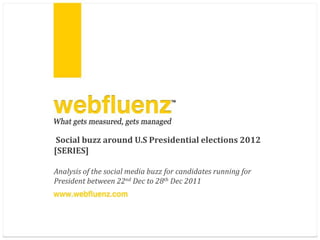 Social buzz around U.S Presidential elections 2012
[SERIES]

Analysis of the social media buzz for candidates running for
President between 22nd Dec to 28th Dec 2011
 