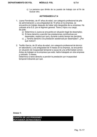 DEPARTAMENTO DE FOL            MÓDULO: FOL                            U.T.4


                 c) La persona que dimite de su puesto de trabajo con el fin de
                    buscar otro.

                                ACTIVIDADES U.T.4

      1. Juana Fernández, de 47 años de edad, con categoría profesional de jefa
         de administración y una antigüedad de 15 años en la empresa, se
         encuentra sin trabajo después de haber sido despedida de su empresa. Ha
         cotizado al la S.S. por el régimen general. Tiene 2 hijos a su cargo.
         Se pide:
             a) Determina si Juana se encuentra en situación legal de desempleo.
             b) Si tiene derecho a percibir las prestaciones contributivas por
                desempleo, explica por qué y durante cuánto tiempo las percibirá.
             c) ¿ Tendría derecho a la prestación asistencial por desempleo?. ¿Por
                qué motivo?.

      2. Teofilo García, de 20 años de edad, con categoría profesional de técnico
         en laboratorio y una antigüedad de 4 meses en la empresa, se encuentra
         en situación de incapacidad temporal a causa de una enfermedad común.
         Antes de trabajar en la empresa que está, había trabajado en otra empresa
         y cotizado 5 meses.
         Determina si tiene derecho a percibir la prestación por incapacidad
         temporal indicando por qué.




    Anexo 1:

    CUANTÍA DE LAS PENSIONES
    PENTSIOEN ZENBATEKOA



                                                                       Pág. 15 /17
 