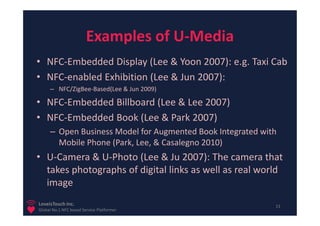 Examples of U-Media
• NFC-Embedded Display (Lee & Yoon 2007): e.g. Taxi Cab
• NFC-enabled Exhibition (Lee & Jun 2007):
     – NFC/ZigBee-Based(Lee & Jun 2009)

• NFC-Embedded Billboard (Lee & Lee 2007)
• NFC-Embedded Book (Lee & Park 2007)
     – Open Business Model for Augmented Book Integrated with
       Mobile Phone (Park, Lee, & Casalegno 2010)
• U-Camera & U-Photo (Lee & Ju 2007): The camera that
  takes photographs of digital links as well as real world
  image
LoveisTouch Inc.                                            13
Global No.1 NFC based Service Platformer
 