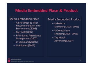 Media Embedded Place & Product
Media Embedded Place                        Media Embedded Product
    – Ad Hoc Peer-to-Peer                     – U-Referral
      Recommendation in U-                      Marketing(2005, 2006)
      Environment(2006)
                                              – U-Comparison
    – Tag-Table(2007)
                                                Shopping(2005, 2006)
    – RFID-Based Attendance
      Management(2007)                        – Tag Match
    – U-Community(2007)                         Advertising(2007)
    – U-Billboard(2007)




 LoveisTouch Inc.                                                       21
 Global No.1 NFC based Service Platformer
 
