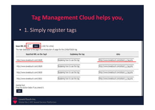 Tag Management Cloud helps you,
• 1. Simply register tags

• 2.




LoveisTouch Inc.
Global No.1 NFC based Service Platformer
 