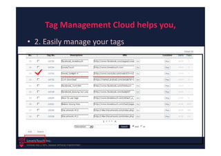 Tag Management Cloud helps you,
• 2. Easily manage your tags




LoveisTouch Inc.
Global No.1 NFC based Service Platformer
 
