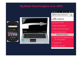 Tag Match Advertising(Lee et al. 2007)




                            Lap Top A1-4524
                            1. Basic Information
                            2. After Service Request
                            3. Price Comparison
                                  Related Products
                            1. Best Lap Top Briefcases 30
                                for Young Men”
                            2. Accessories
                            3. Similar Lap Tops
 