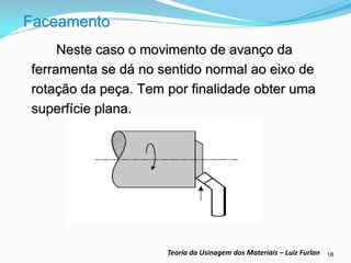 18 
Teoria da Usinagem dos Materiais – Luiz Furlan 
Faceamento 
Neste caso o movimento de avanço da ferramenta se dá no sentido normal ao eixo de rotação da peça. Tem por finalidade obter uma superfície plana. 
 