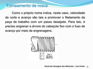 20 
Teoria da Usinagem dos Materiais – Luiz Furlan 
Torneamento de rosca 
Como o próprio nome indica, neste caso, velocidade de corte e avanço são tais a promover o filetamento da peça de trabalho com um passo desejado. Para isto, é preciso engrenar a árvore do cabeçote fixo com o fuso de avanço por meio de engrenagens. 
 