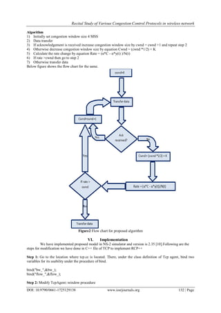 Recital Study of Various Congestion Control Protocols in wireless network
DOI: 10.9790/0661-1725129138 www.iosrjournals.org 132 | Page
Algorithm
1) Initially set congestion window size 4 MSS
2) Data transfer
3) If acknowledgement is received increase congestion window size by cwnd = cwnd +1 and repeat step 2
4) Otherwise decrease congestion window size by equation Cwnd = (cwnd *1/2) + K
5) Calculate the rate change by equation Rate = (α*C - α*y(t) )/N(t)
6) If rate >cwnd then go to step 2
7) Otherwise transfer data
Below figure shows the flow chart for the same.
Figure2 Flow chart for proposed algorithm
VI. Implementation
We have implemented proposed model in NS-2 simulator and version is 2.35 [10].Following are the
steps for modification we have done in C++ file of TCP to implement RCP++
Step 1: Go to the location where tcp.cc is located. There, under the class definition of Tcp agent, bind two
variables for its usability under the procedure of bind.
bind("bw_",&bw_);
bind("flow_",&flow_);
Step 2: Modify TcpAgent::window procedure
 
