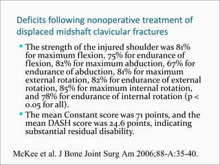 Deficits following nonoperative treatment of
displaced midshaft clavicular fractures
  The strength of the injured shoulder was 81%
   for maximum flexion, 75% for endurance of
   flexion, 82% for maximum abduction, 67% for
   endurance of abduction, 81% for maximum
   external rotation, 82% for endurance of external
   rotation, 85% for maximum internal rotation,
   and 78% for endurance of internal rotation (p <
   0.05 for all).
  The mean Constant score was 71 points, and the
   mean DASH score was 24.6 points, indicating
   substantial residual disability.

McKee et al. J Bone Joint Surg Am 2006;88-A:35-40.
 