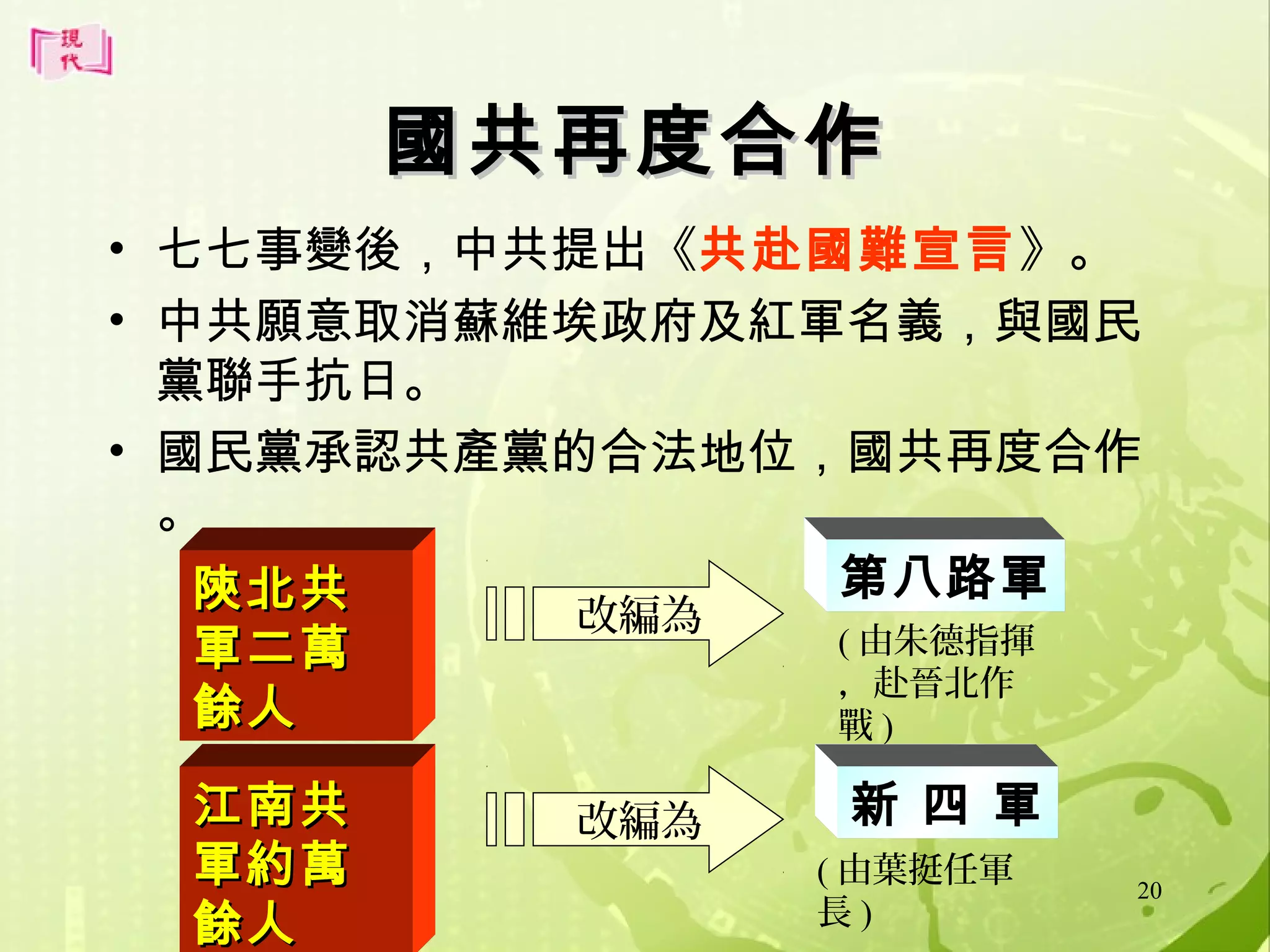 國共再度合作
• 七七事變後，中共提出《共赴國難宣言》。
• 中共願意取消蘇維埃政府及紅軍名義，與國民
黨聯手抗日。
• 國民黨承認共產黨的合法地位，國共再度合作
。
第八路軍
陝北共
改編為
( 由朱德指揮
軍二萬
，赴晉北作
餘人
戰)
江南共
軍約萬
餘人

改編為

新 四 軍
( 由葉挺任軍
長)

20

 