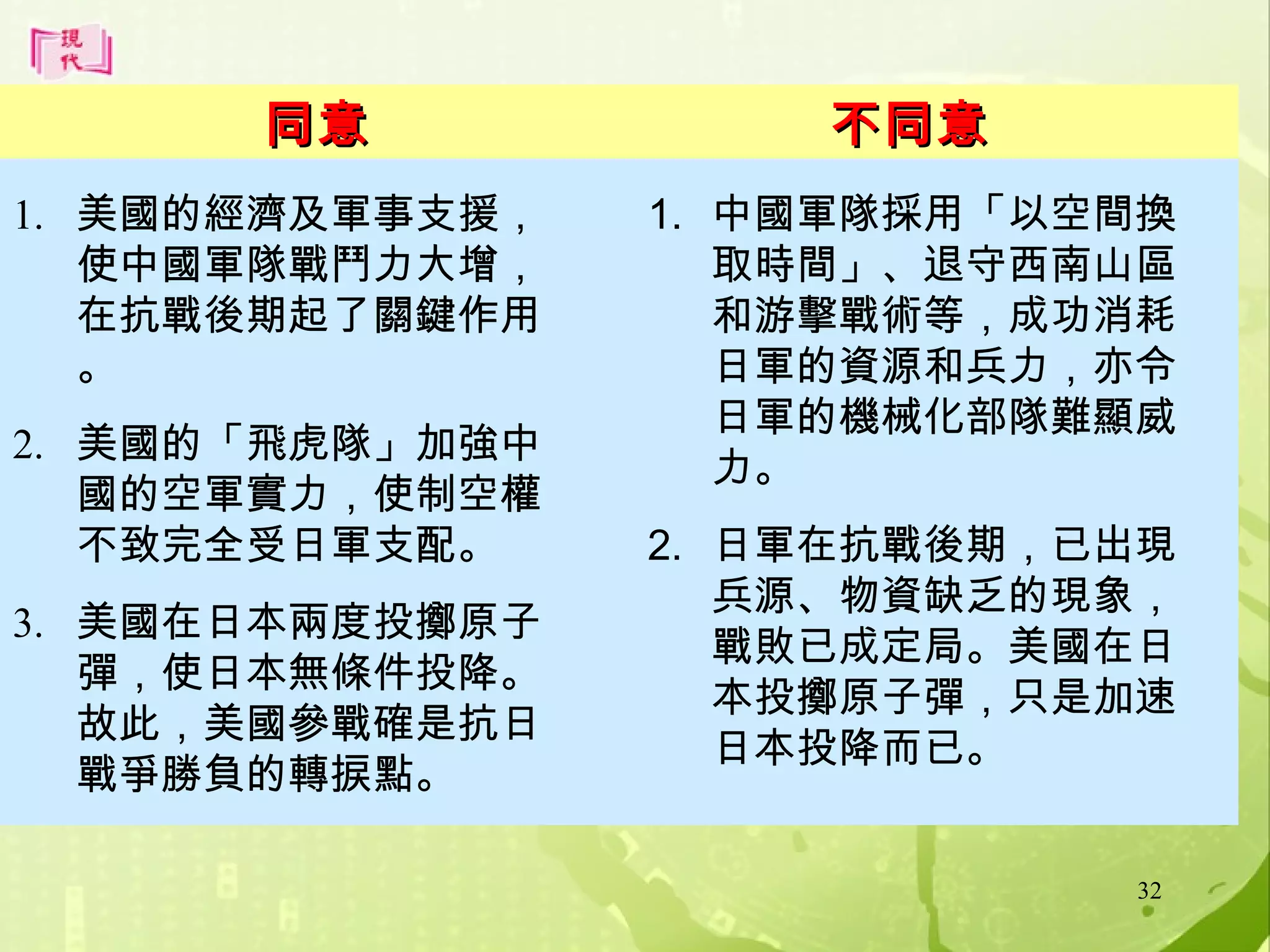 同意
1. 美國的經濟及軍事支援，
使中國軍隊戰鬥力大增，
在抗戰後期起了關鍵作用
。
2. 美國的「飛虎隊」加強中
國的空軍實力，使制空權
不致完全受日軍支配。
3. 美國在日本兩度投擲原子
彈，使日本無條件投降。
故此，美國參戰確是抗日
戰爭勝負的轉捩點。

不同意
1. 中國軍隊採用「以空間換
取時間」、退守西南山區
和游擊戰術等，成功消耗
日軍的資源和兵力，亦令
日軍的機械化部隊難顯威
力。
2. 日軍在抗戰後期，已出現
兵源、物資缺乏的現象，
戰敗已成定局。美國在日
本投擲原子彈，只是加速
日本投降而已。
32

 