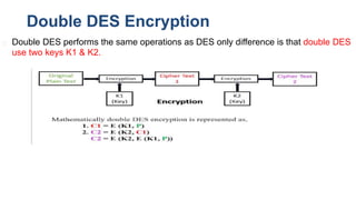 Double DES Encryption
◻ Double DES performs the same operations as DES only difference is that double DES
use two keys K1 & K2.
 