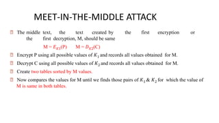 🠶 The middle text, the text created by the first encryption or
the first decryption, M, should be same
M = 𝐸𝐾1(P) M = 𝐷𝐾2(C)
🠶 Encrypt P using all possible values of 𝐾1 and records all values obtained for M.
🠶 Decrypt C using all possible values of 𝐾2 and records all values obtained for M.
🠶 Create two tables sorted by M values.
🠶 Now compares the values for M until we finds those pairs of 𝐾1 & 𝐾2 for which the value of
M is same in both tables.
MEET-IN-THE-MIDDLE ATTACK
 