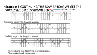 • Example-3 CONTINUING THIS ROW-BY-ROW, WE GET THE
SUCCESSIVE STAGES SHOWN BELOW.
The second stage in the decryption process.
The Third stage in the decryption process.
The fourth and final stage in the decryption process.
Theyareattackingfromthenorth
TEKOOHRACIRMNREATANFTETYTGHH
 