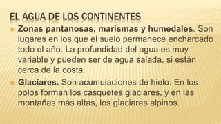 EL AGUA DE LOS CONTINENTES
 Zonas pantanosas, marismas y humedales. Son
lugares en los que el suelo permanece encharcado
todo el año. La profundidad del agua es muy
variable y pueden ser de agua salada, si están
cerca de la costa.
 Glaciares. Son acumulaciones de hielo. En los
polos forman los casquetes glaciares, y en las
montañas más altas, los glaciares alpinos.
 