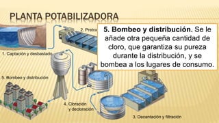 PLANTA POTABILIZADORA
1. Captación y desbastado
2. Pretratamiento
3. Decantación y filtración
4. Cloración
y decloración
5. Bombeo y distribución
5. Bombeo y distribución. Se le
añade otra pequeña cantidad de
cloro, que garantiza su pureza
durante la distribución, y se
bombea a los lugares de consumo.
 