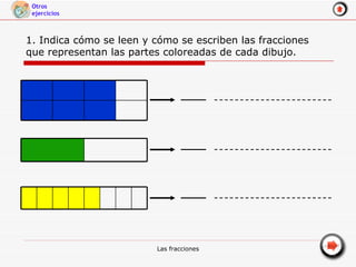 1. Indica cómo se leen y cómo se escriben las fracciones que representan las partes coloreadas de cada dibujo. 