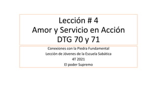 Lección # 4
Amor y Servicio en Acción
DTG 70 y 71
Conexiones con la Piedra Fundamental
Lección de Jóvenes de la Escuela Sabática
4T 2021
El poder Supremo
 