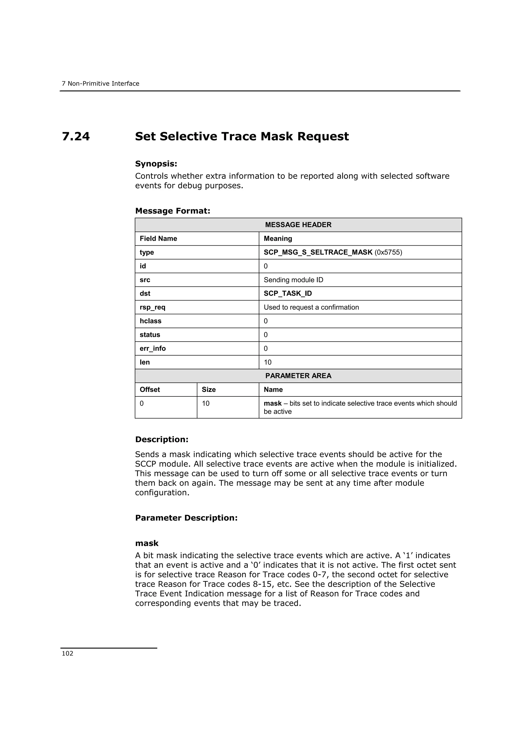 7 Non-Primitive Interface
102
7.24 Set Selective Trace Mask Request
Synopsis:
Controls whether extra information to be reported along with selected software
events for debug purposes.
Message Format:
MESSAGE HEADER
Field Name Meaning
type SCP_MSG_S_SELTRACE_MASK (0x5755)
id 0
src Sending module ID
dst SCP_TASK_ID
rsp_req Used to request a confirmation
hclass 0
status 0
err_info 0
len 10
PARAMETER AREA
Offset Size Name
0 10 mask – bits set to indicate selective trace events which should
be active
Description:
Sends a mask indicating which selective trace events should be active for the
SCCP module. All selective trace events are active when the module is initialized.
This message can be used to turn off some or all selective trace events or turn
them back on again. The message may be sent at any time after module
configuration.
Parameter Description:
mask
A bit mask indicating the selective trace events which are active. A ‘1’ indicates
that an event is active and a ‘0’ indicates that it is not active. The first octet sent
is for selective trace Reason for Trace codes 0-7, the second octet for selective
trace Reason for Trace codes 8-15, etc. See the description of the Selective
Trace Event Indication message for a list of Reason for Trace codes and
corresponding events that may be traced.
 