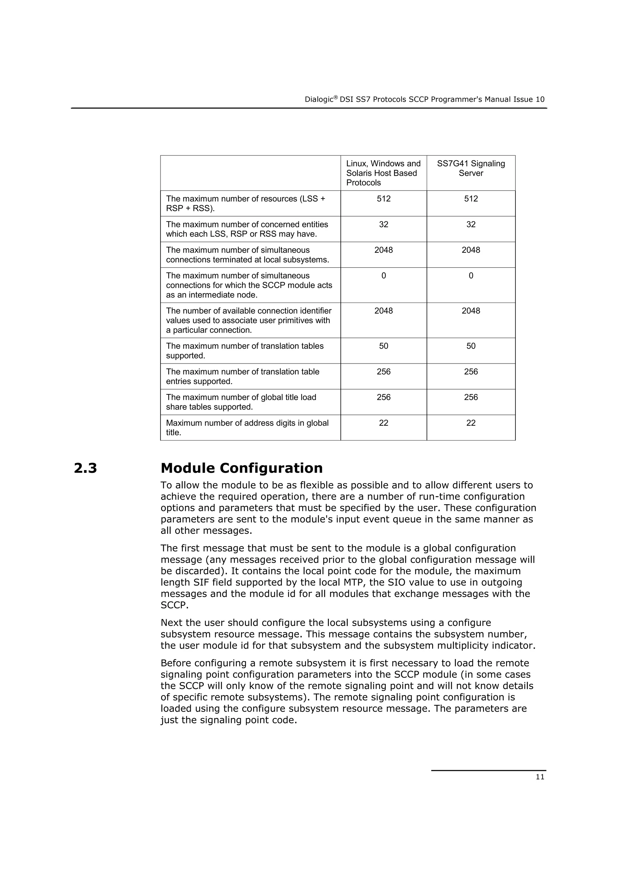 Dialogic®
DSI SS7 Protocols SCCP Programmer's Manual Issue 10
11
Linux, Windows and
Solaris Host Based
Protocols
SS7G41 Signaling
Server
The maximum number of resources (LSS +
RSP + RSS).
512 512
The maximum number of concerned entities
which each LSS, RSP or RSS may have.
32 32
The maximum number of simultaneous
connections terminated at local subsystems.
2048 2048
The maximum number of simultaneous
connections for which the SCCP module acts
as an intermediate node.
0 0
The number of available connection identifier
values used to associate user primitives with
a particular connection.
2048 2048
The maximum number of translation tables
supported.
50 50
The maximum number of translation table
entries supported.
256 256
The maximum number of global title load
share tables supported.
256 256
Maximum number of address digits in global
title.
22 22
2.3 Module Configuration
To allow the module to be as flexible as possible and to allow different users to
achieve the required operation, there are a number of run-time configuration
options and parameters that must be specified by the user. These configuration
parameters are sent to the module's input event queue in the same manner as
all other messages.
The first message that must be sent to the module is a global configuration
message (any messages received prior to the global configuration message will
be discarded). It contains the local point code for the module, the maximum
length SIF field supported by the local MTP, the SIO value to use in outgoing
messages and the module id for all modules that exchange messages with the
SCCP.
Next the user should configure the local subsystems using a configure
subsystem resource message. This message contains the subsystem number,
the user module id for that subsystem and the subsystem multiplicity indicator.
Before configuring a remote subsystem it is first necessary to load the remote
signaling point configuration parameters into the SCCP module (in some cases
the SCCP will only know of the remote signaling point and will not know details
of specific remote subsystems). The remote signaling point configuration is
loaded using the configure subsystem resource message. The parameters are
just the signaling point code.
 