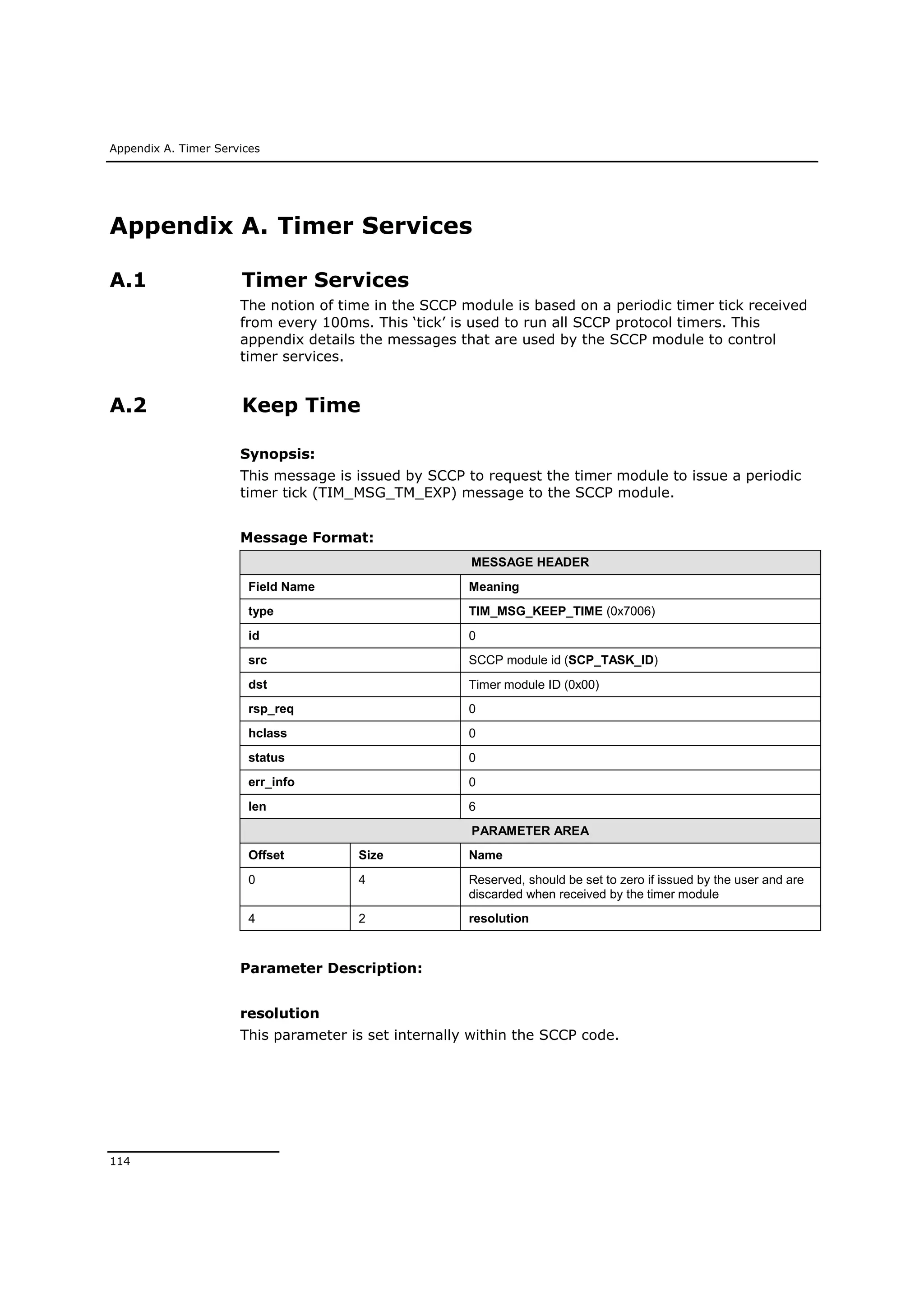 Appendix A. Timer Services
114
Appendix A. Timer Services
A.1 Timer Services
The notion of time in the SCCP module is based on a periodic timer tick received
from every 100ms. This ‘tick’ is used to run all SCCP protocol timers. This
appendix details the messages that are used by the SCCP module to control
timer services.
A.2 Keep Time
Synopsis:
This message is issued by SCCP to request the timer module to issue a periodic
timer tick (TIM_MSG_TM_EXP) message to the SCCP module.
Message Format:
MESSAGE HEADER
Field Name Meaning
type TIM_MSG_KEEP_TIME (0x7006)
id 0
src SCCP module id (SCP_TASK_ID)
dst Timer module ID (0x00)
rsp_req 0
hclass 0
status 0
err_info 0
len 6
PARAMETER AREA
Offset Size Name
0 4 Reserved, should be set to zero if issued by the user and are
discarded when received by the timer module
4 2 resolution
Parameter Description:
resolution
This parameter is set internally within the SCCP code.
 