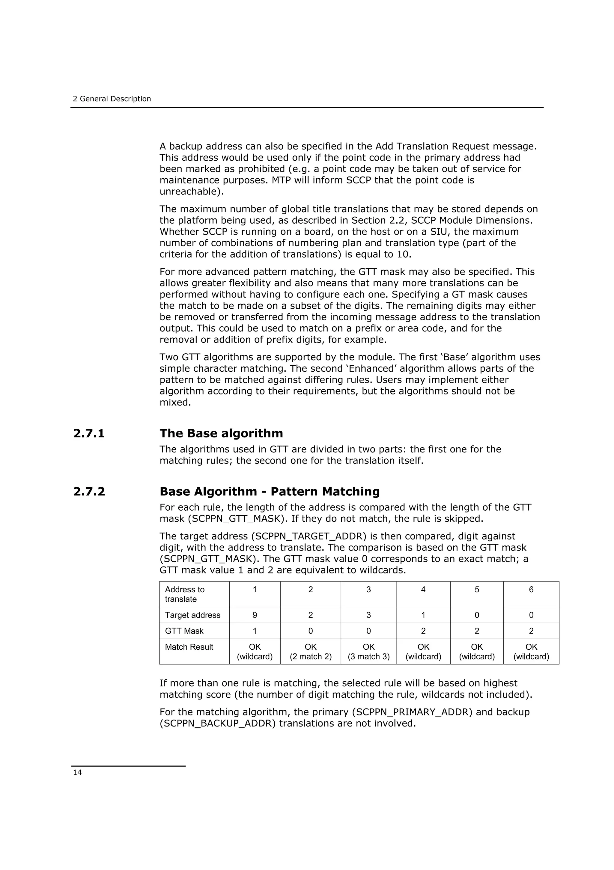 2 General Description
14
A backup address can also be specified in the Add Translation Request message.
This address would be used only if the point code in the primary address had
been marked as prohibited (e.g. a point code may be taken out of service for
maintenance purposes. MTP will inform SCCP that the point code is
unreachable).
The maximum number of global title translations that may be stored depends on
the platform being used, as described in Section 2.2, SCCP Module Dimensions.
Whether SCCP is running on a board, on the host or on a SIU, the maximum
number of combinations of numbering plan and translation type (part of the
criteria for the addition of translations) is equal to 10.
For more advanced pattern matching, the GTT mask may also be specified. This
allows greater flexibility and also means that many more translations can be
performed without having to configure each one. Specifying a GT mask causes
the match to be made on a subset of the digits. The remaining digits may either
be removed or transferred from the incoming message address to the translation
output. This could be used to match on a prefix or area code, and for the
removal or addition of prefix digits, for example.
Two GTT algorithms are supported by the module. The first ‘Base’ algorithm uses
simple character matching. The second ‘Enhanced’ algorithm allows parts of the
pattern to be matched against differing rules. Users may implement either
algorithm according to their requirements, but the algorithms should not be
mixed.
2.7.1 The Base algorithm
The algorithms used in GTT are divided in two parts: the first one for the
matching rules; the second one for the translation itself.
2.7.2 Base Algorithm - Pattern Matching
For each rule, the length of the address is compared with the length of the GTT
mask (SCPPN_GTT_MASK). If they do not match, the rule is skipped.
The target address (SCPPN_TARGET_ADDR) is then compared, digit against
digit, with the address to translate. The comparison is based on the GTT mask
(SCPPN_GTT_MASK). The GTT mask value 0 corresponds to an exact match; a
GTT mask value 1 and 2 are equivalent to wildcards.
Address to
translate
1 2 3 4 5 6
Target address 9 2 3 1 0 0
GTT Mask 1 0 0 2 2 2
Match Result OK
(wildcard)
OK
(2 match 2)
OK
(3 match 3)
OK
(wildcard)
OK
(wildcard)
OK
(wildcard)
If more than one rule is matching, the selected rule will be based on highest
matching score (the number of digit matching the rule, wildcards not included).
For the matching algorithm, the primary (SCPPN_PRIMARY_ADDR) and backup
(SCPPN_BACKUP_ADDR) translations are not involved.
 