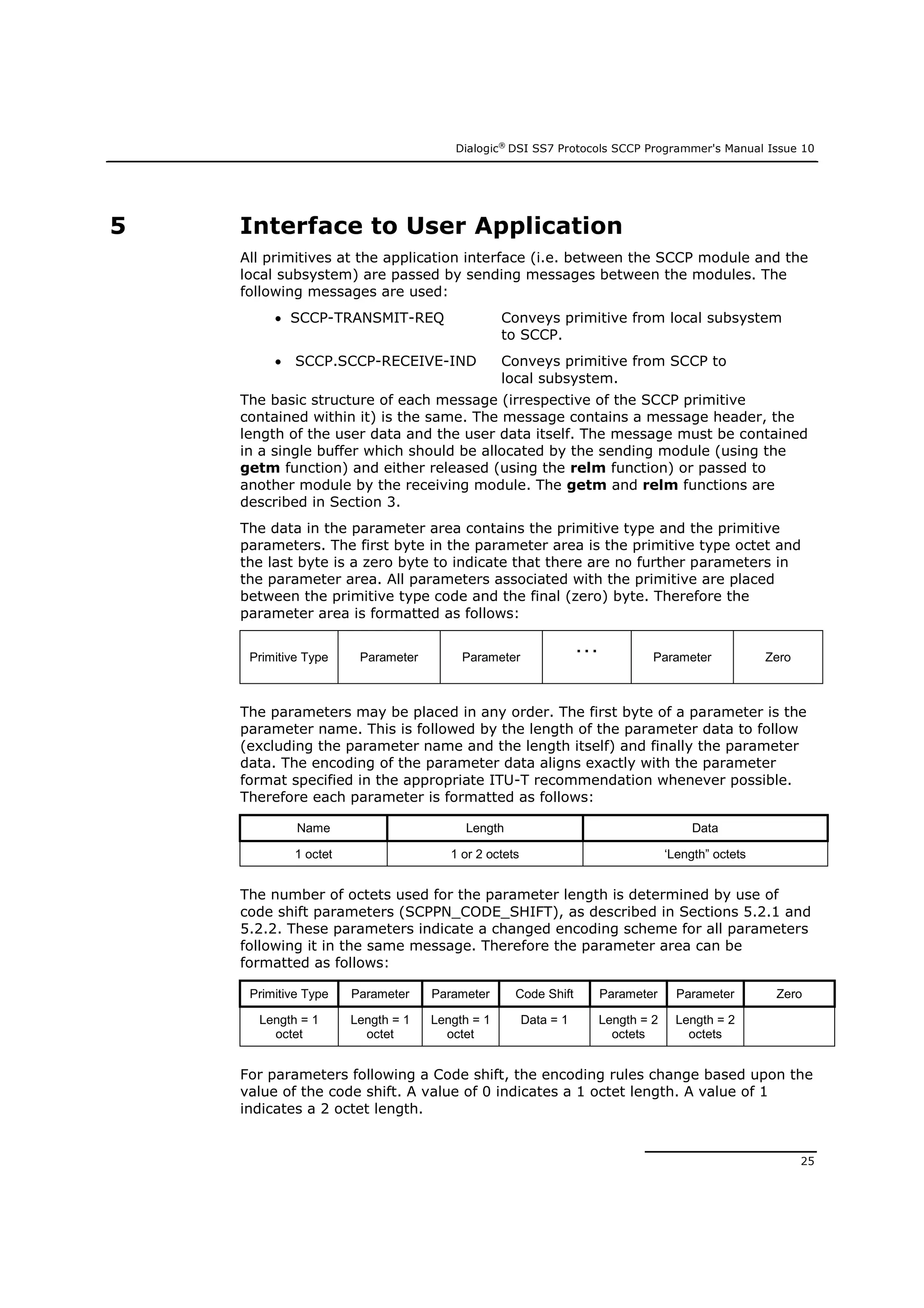 Dialogic®
DSI SS7 Protocols SCCP Programmer's Manual Issue 10
25
5 Interface to User Application
All primitives at the application interface (i.e. between the SCCP module and the
local subsystem) are passed by sending messages between the modules. The
following messages are used:
 SCCP-TRANSMIT-REQ Conveys primitive from local subsystem
to SCCP.
 SCCP.SCCP-RECEIVE-IND Conveys primitive from SCCP to
local subsystem.
The basic structure of each message (irrespective of the SCCP primitive
contained within it) is the same. The message contains a message header, the
length of the user data and the user data itself. The message must be contained
in a single buffer which should be allocated by the sending module (using the
getm function) and either released (using the relm function) or passed to
another module by the receiving module. The getm and relm functions are
described in Section 3.
The data in the parameter area contains the primitive type and the primitive
parameters. The first byte in the parameter area is the primitive type octet and
the last byte is a zero byte to indicate that there are no further parameters in
the parameter area. All parameters associated with the primitive are placed
between the primitive type code and the final (zero) byte. Therefore the
parameter area is formatted as follows:
Primitive Type Parameter Parameter
… Parameter Zero
The parameters may be placed in any order. The first byte of a parameter is the
parameter name. This is followed by the length of the parameter data to follow
(excluding the parameter name and the length itself) and finally the parameter
data. The encoding of the parameter data aligns exactly with the parameter
format specified in the appropriate ITU-T recommendation whenever possible.
Therefore each parameter is formatted as follows:
Name Length Data
1 octet 1 or 2 octets ‘Length” octets
The number of octets used for the parameter length is determined by use of
code shift parameters (SCPPN_CODE_SHIFT), as described in Sections 5.2.1 and
5.2.2. These parameters indicate a changed encoding scheme for all parameters
following it in the same message. Therefore the parameter area can be
formatted as follows:
Primitive Type Parameter Parameter Code Shift Parameter Parameter Zero
Length = 1
octet
Length = 1
octet
Length = 1
octet
Data = 1 Length = 2
octets
Length = 2
octets
For parameters following a Code shift, the encoding rules change based upon the
value of the code shift. A value of 0 indicates a 1 octet length. A value of 1
indicates a 2 octet length.
 
