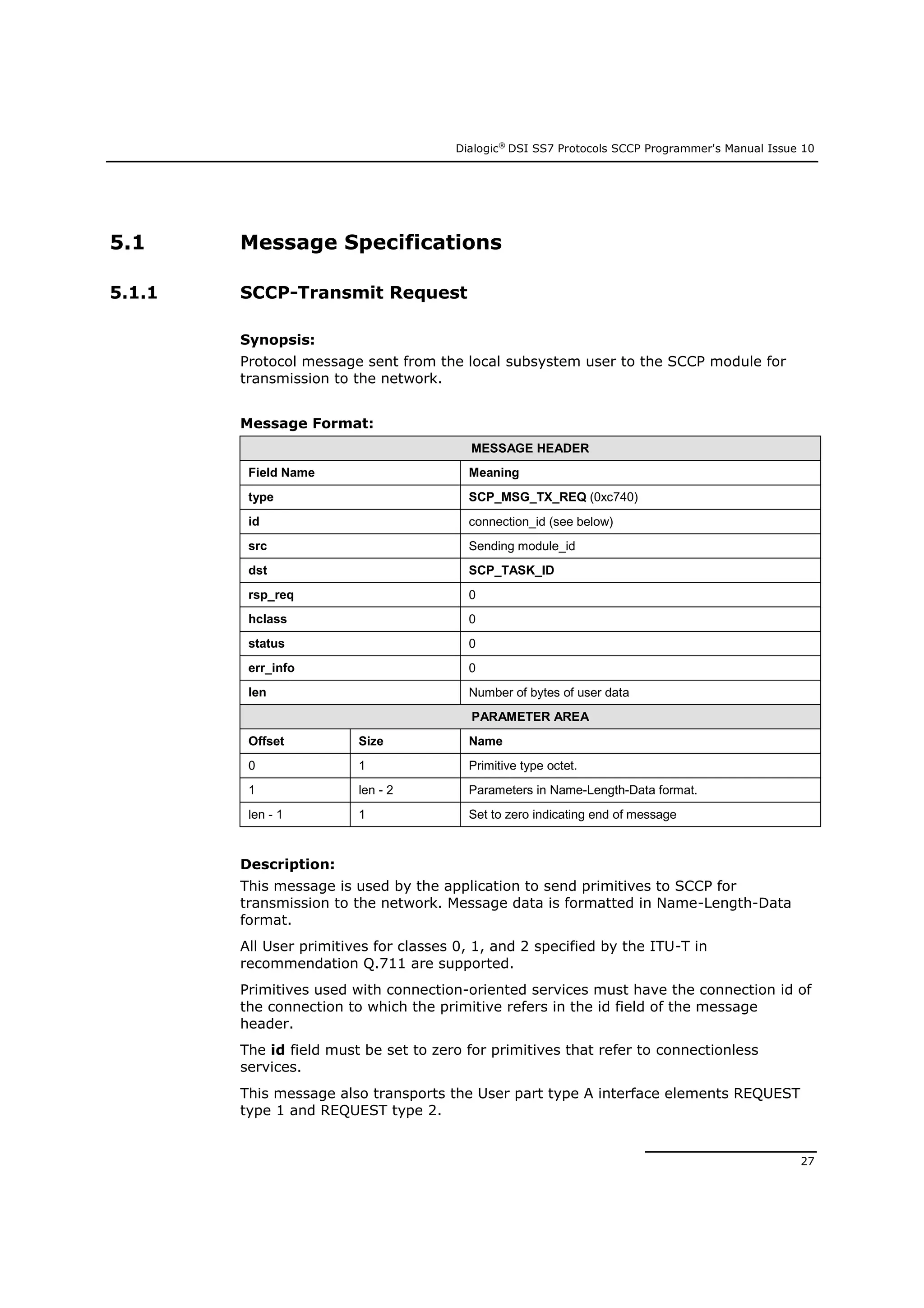 Dialogic®
DSI SS7 Protocols SCCP Programmer's Manual Issue 10
27
5.1 Message Specifications
5.1.1 SCCP-Transmit Request
Synopsis:
Protocol message sent from the local subsystem user to the SCCP module for
transmission to the network.
Message Format:
MESSAGE HEADER
Field Name Meaning
type SCP_MSG_TX_REQ (0xc740)
id connection_id (see below)
src Sending module_id
dst SCP_TASK_ID
rsp_req 0
hclass 0
status 0
err_info 0
len Number of bytes of user data
PARAMETER AREA
Offset Size Name
0 1 Primitive type octet.
1 len - 2 Parameters in Name-Length-Data format.
len - 1 1 Set to zero indicating end of message
Description:
This message is used by the application to send primitives to SCCP for
transmission to the network. Message data is formatted in Name-Length-Data
format.
All User primitives for classes 0, 1, and 2 specified by the ITU-T in
recommendation Q.711 are supported.
Primitives used with connection-oriented services must have the connection id of
the connection to which the primitive refers in the id field of the message
header.
The id field must be set to zero for primitives that refer to connectionless
services.
This message also transports the User part type A interface elements REQUEST
type 1 and REQUEST type 2.
 