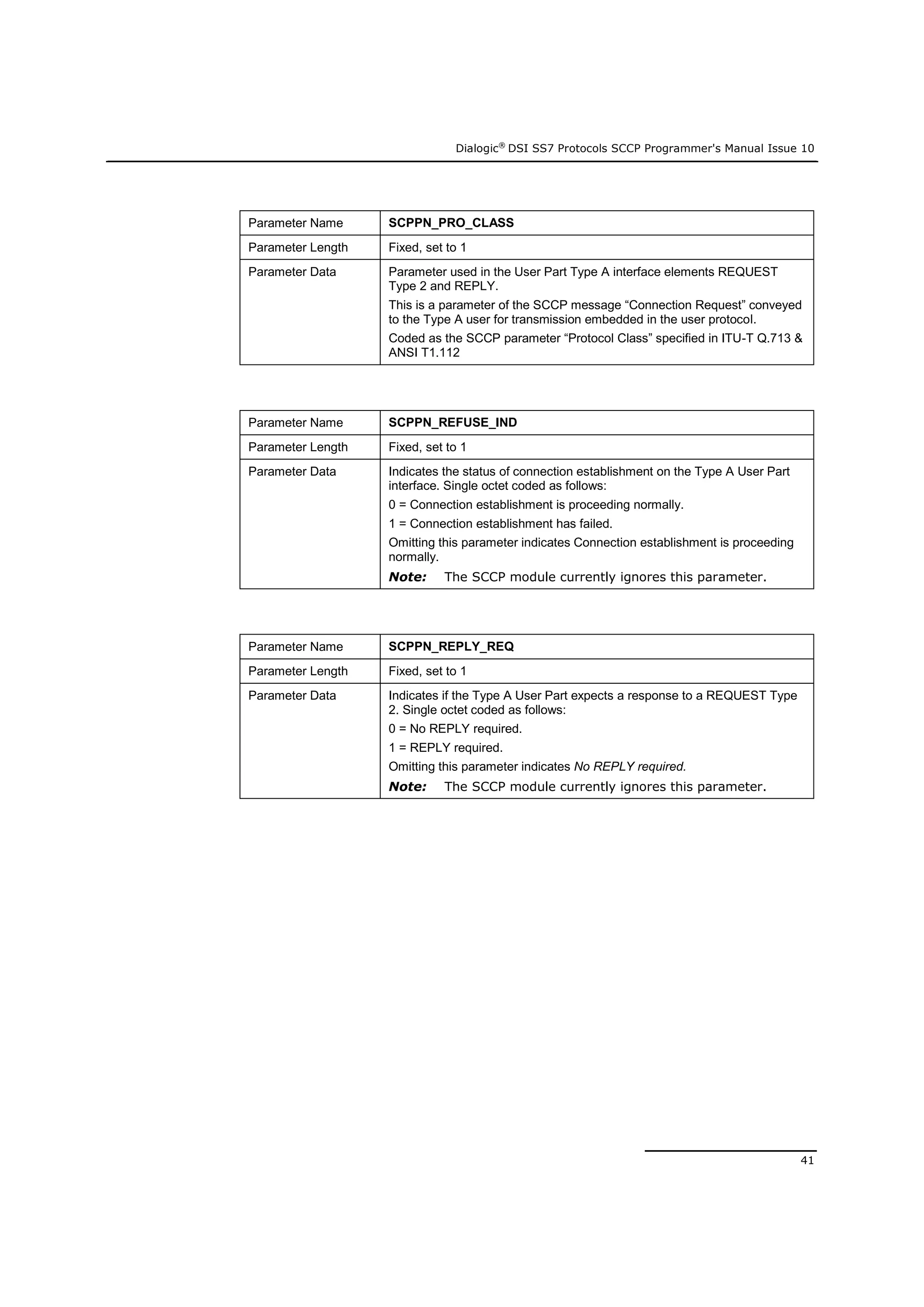 Dialogic®
DSI SS7 Protocols SCCP Programmer's Manual Issue 10
41
Parameter Name SCPPN_PRO_CLASS
Parameter Length Fixed, set to 1
Parameter Data Parameter used in the User Part Type A interface elements REQUEST
Type 2 and REPLY.
This is a parameter of the SCCP message “Connection Request” conveyed
to the Type A user for transmission embedded in the user protocol.
Coded as the SCCP parameter “Protocol Class” specified in ITU-T Q.713 &
ANSI T1.112
Parameter Name SCPPN_REFUSE_IND
Parameter Length Fixed, set to 1
Parameter Data Indicates the status of connection establishment on the Type A User Part
interface. Single octet coded as follows:
0 = Connection establishment is proceeding normally.
1 = Connection establishment has failed.
Omitting this parameter indicates Connection establishment is proceeding
normally.
Note: The SCCP module currently ignores this parameter.
Parameter Name SCPPN_REPLY_REQ
Parameter Length Fixed, set to 1
Parameter Data Indicates if the Type A User Part expects a response to a REQUEST Type
2. Single octet coded as follows:
0 = No REPLY required.
1 = REPLY required.
Omitting this parameter indicates No REPLY required.
Note: The SCCP module currently ignores this parameter.
 