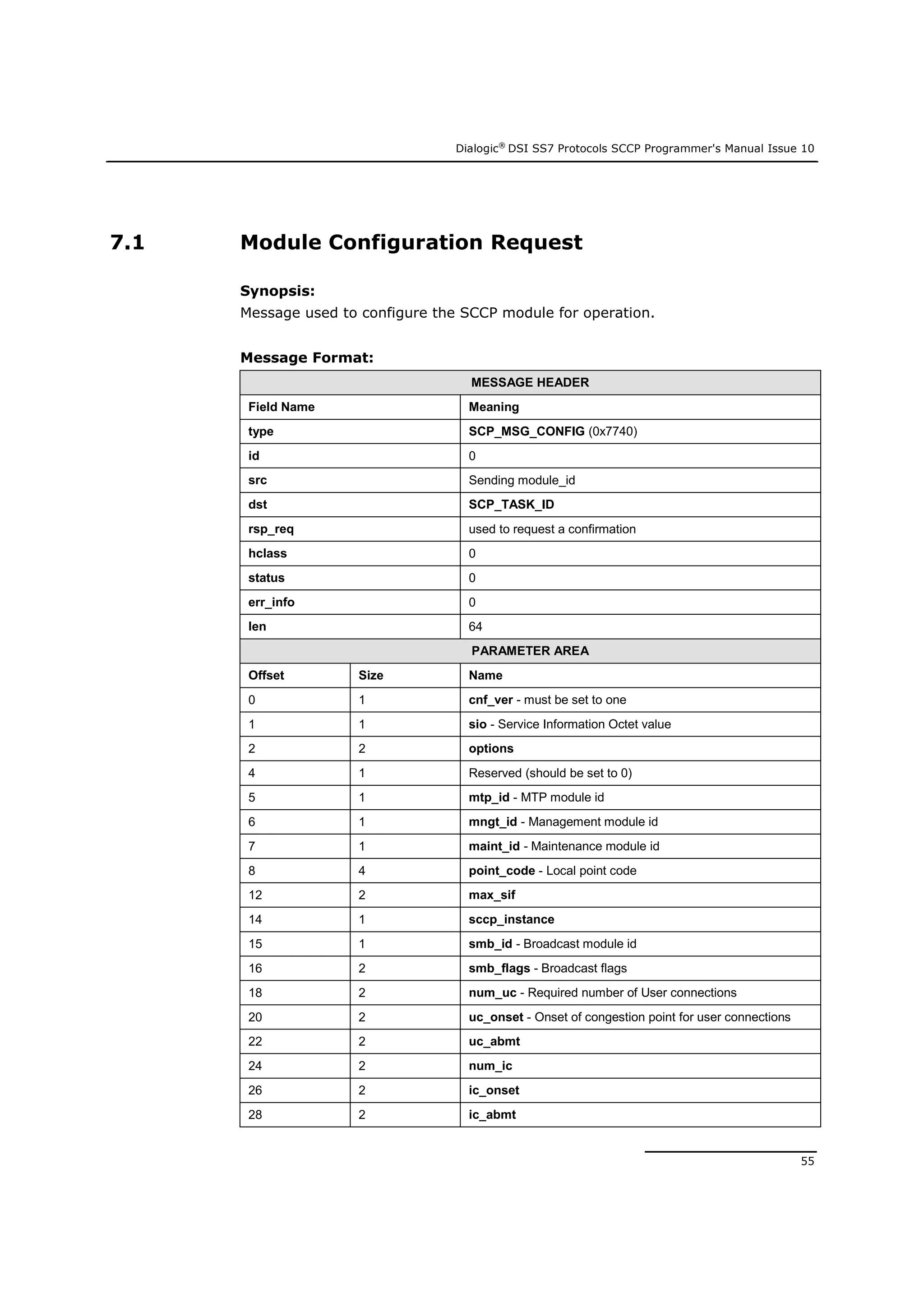 Dialogic®
DSI SS7 Protocols SCCP Programmer's Manual Issue 10
55
7.1 Module Configuration Request
Synopsis:
Message used to configure the SCCP module for operation.
Message Format:
MESSAGE HEADER
Field Name Meaning
type SCP_MSG_CONFIG (0x7740)
id 0
src Sending module_id
dst SCP_TASK_ID
rsp_req used to request a confirmation
hclass 0
status 0
err_info 0
len 64
PARAMETER AREA
Offset Size Name
0 1 cnf_ver - must be set to one
1 1 sio - Service Information Octet value
2 2 options
4 1 Reserved (should be set to 0)
5 1 mtp_id - MTP module id
6 1 mngt_id - Management module id
7 1 maint_id - Maintenance module id
8 4 point_code - Local point code
12 2 max_sif
14 1 sccp_instance
15 1 smb_id - Broadcast module id
16 2 smb_flags - Broadcast flags
18 2 num_uc - Required number of User connections
20 2 uc_onset - Onset of congestion point for user connections
22 2 uc_abmt
24 2 num_ic
26 2 ic_onset
28 2 ic_abmt
 