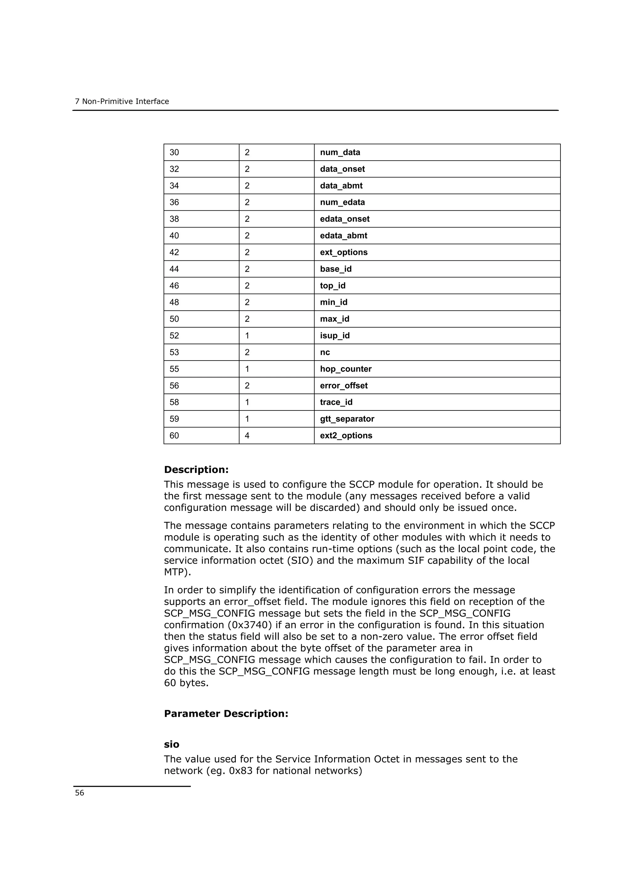 7 Non-Primitive Interface
56
30 2 num_data
32 2 data_onset
34 2 data_abmt
36 2 num_edata
38 2 edata_onset
40 2 edata_abmt
42 2 ext_options
44 2 base_id
46 2 top_id
48 2 min_id
50 2 max_id
52 1 isup_id
53 2 nc
55 1 hop_counter
56 2 error_offset
58 1 trace_id
59 1 gtt_separator
60 4 ext2_options
Description:
This message is used to configure the SCCP module for operation. It should be
the first message sent to the module (any messages received before a valid
configuration message will be discarded) and should only be issued once.
The message contains parameters relating to the environment in which the SCCP
module is operating such as the identity of other modules with which it needs to
communicate. It also contains run-time options (such as the local point code, the
service information octet (SIO) and the maximum SIF capability of the local
MTP).
In order to simplify the identification of configuration errors the message
supports an error_offset field. The module ignores this field on reception of the
SCP_MSG_CONFIG message but sets the field in the SCP_MSG_CONFIG
confirmation (0x3740) if an error in the configuration is found. In this situation
then the status field will also be set to a non-zero value. The error offset field
gives information about the byte offset of the parameter area in
SCP_MSG_CONFIG message which causes the configuration to fail. In order to
do this the SCP_MSG_CONFIG message length must be long enough, i.e. at least
60 bytes.
Parameter Description:
sio
The value used for the Service Information Octet in messages sent to the
network (eg. 0x83 for national networks)
 