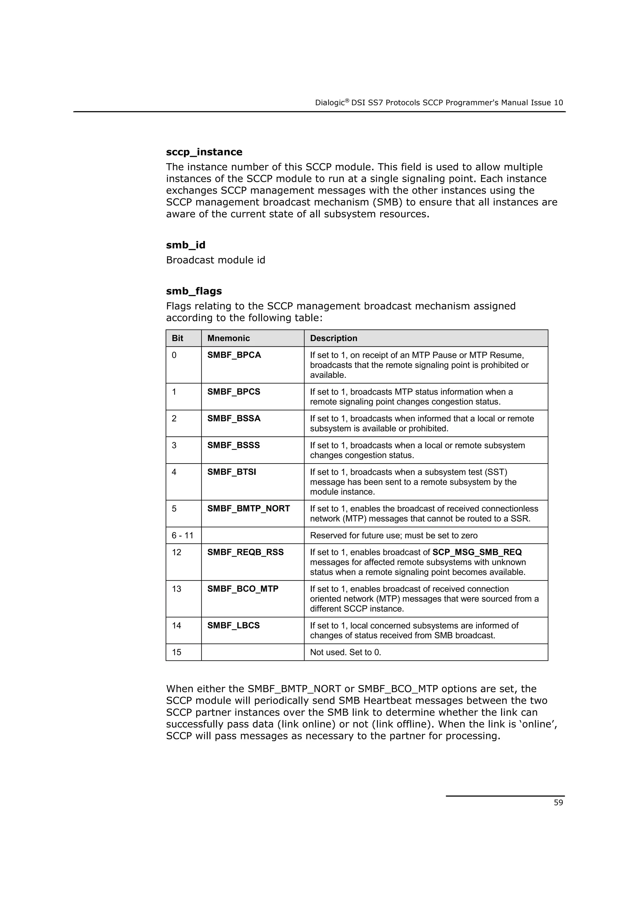 Dialogic®
DSI SS7 Protocols SCCP Programmer's Manual Issue 10
59
sccp_instance
The instance number of this SCCP module. This field is used to allow multiple
instances of the SCCP module to run at a single signaling point. Each instance
exchanges SCCP management messages with the other instances using the
SCCP management broadcast mechanism (SMB) to ensure that all instances are
aware of the current state of all subsystem resources.
smb_id
Broadcast module id
smb_flags
Flags relating to the SCCP management broadcast mechanism assigned
according to the following table:
Bit Mnemonic Description
0 SMBF_BPCA If set to 1, on receipt of an MTP Pause or MTP Resume,
broadcasts that the remote signaling point is prohibited or
available.
1 SMBF_BPCS If set to 1, broadcasts MTP status information when a
remote signaling point changes congestion status.
2 SMBF_BSSA If set to 1, broadcasts when informed that a local or remote
subsystem is available or prohibited.
3 SMBF_BSSS If set to 1, broadcasts when a local or remote subsystem
changes congestion status.
4 SMBF_BTSI If set to 1, broadcasts when a subsystem test (SST)
message has been sent to a remote subsystem by the
module instance.
5 SMBF_BMTP_NORT If set to 1, enables the broadcast of received connectionless
network (MTP) messages that cannot be routed to a SSR.
6 - 11 Reserved for future use; must be set to zero
12 SMBF_REQB_RSS If set to 1, enables broadcast of SCP_MSG_SMB_REQ
messages for affected remote subsystems with unknown
status when a remote signaling point becomes available.
13 SMBF_BCO_MTP If set to 1, enables broadcast of received connection
oriented network (MTP) messages that were sourced from a
different SCCP instance.
14 SMBF_LBCS If set to 1, local concerned subsystems are informed of
changes of status received from SMB broadcast.
15 Not used. Set to 0.
When either the SMBF_BMTP_NORT or SMBF_BCO_MTP options are set, the
SCCP module will periodically send SMB Heartbeat messages between the two
SCCP partner instances over the SMB link to determine whether the link can
successfully pass data (link online) or not (link offline). When the link is ‘online’,
SCCP will pass messages as necessary to the partner for processing.
 
