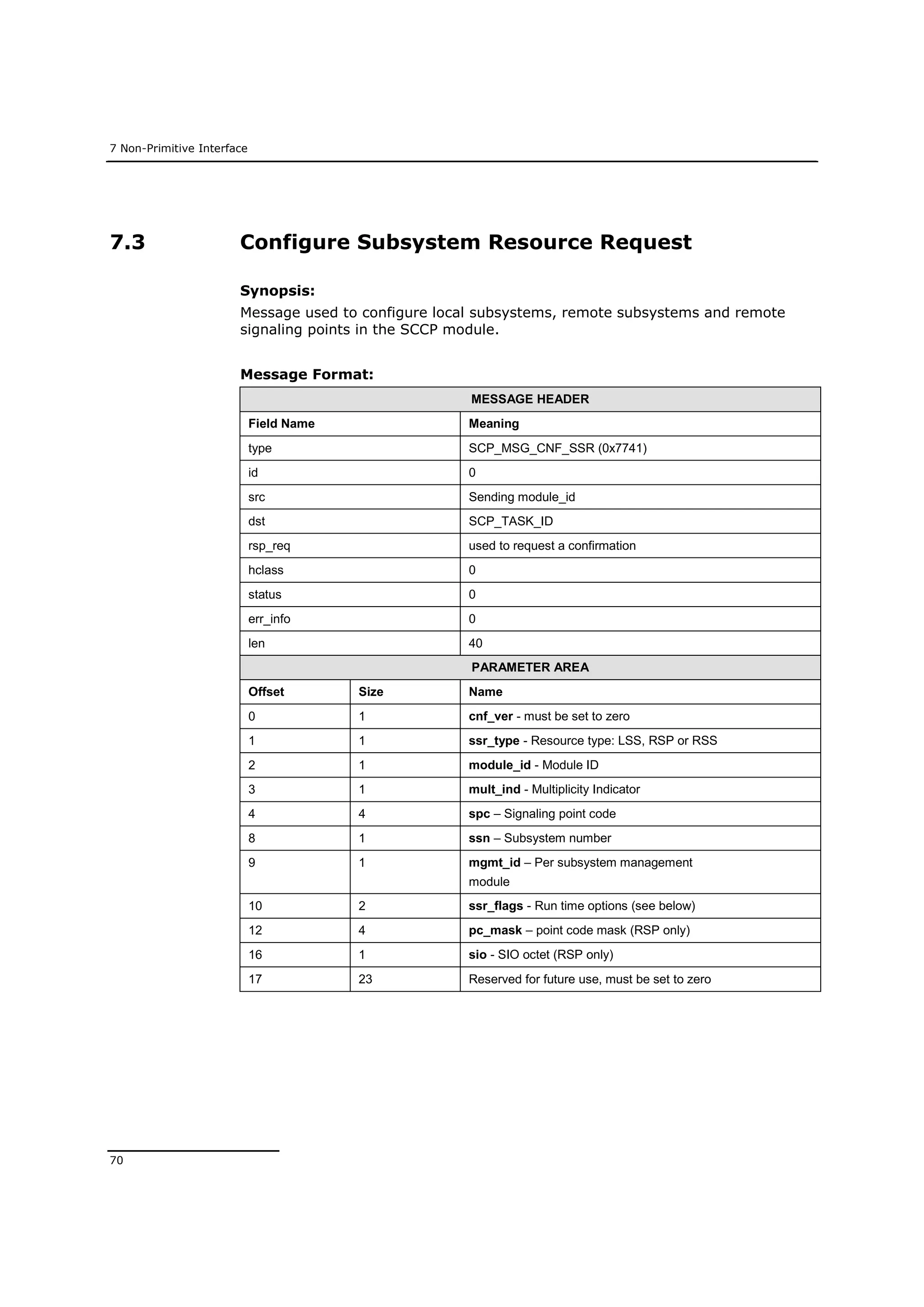 7 Non-Primitive Interface
70
7.3 Configure Subsystem Resource Request
Synopsis:
Message used to configure local subsystems, remote subsystems and remote
signaling points in the SCCP module.
Message Format:
MESSAGE HEADER
Field Name Meaning
type SCP_MSG_CNF_SSR (0x7741)
id 0
src Sending module_id
dst SCP_TASK_ID
rsp_req used to request a confirmation
hclass 0
status 0
err_info 0
len 40
PARAMETER AREA
Offset Size Name
0 1 cnf_ver - must be set to zero
1 1 ssr_type - Resource type: LSS, RSP or RSS
2 1 module_id - Module ID
3 1 mult_ind - Multiplicity Indicator
4 4 spc – Signaling point code
8 1 ssn – Subsystem number
9 1 mgmt_id – Per subsystem management
module
10 2 ssr_flags - Run time options (see below)
12 4 pc_mask – point code mask (RSP only)
16 1 sio - SIO octet (RSP only)
17 23 Reserved for future use, must be set to zero
 