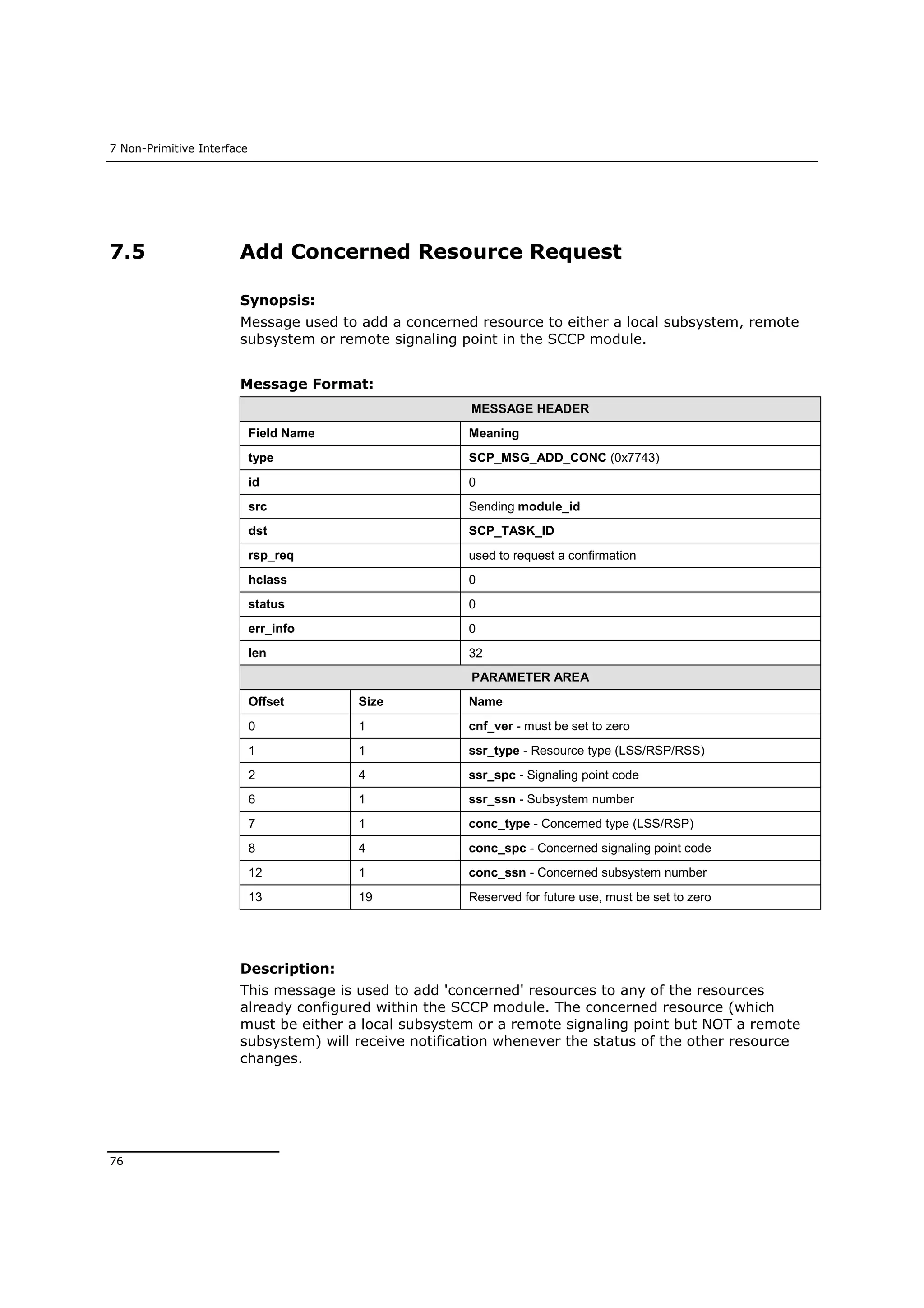 7 Non-Primitive Interface
76
7.5 Add Concerned Resource Request
Synopsis:
Message used to add a concerned resource to either a local subsystem, remote
subsystem or remote signaling point in the SCCP module.
Message Format:
MESSAGE HEADER
Field Name Meaning
type SCP_MSG_ADD_CONC (0x7743)
id 0
src Sending module_id
dst SCP_TASK_ID
rsp_req used to request a confirmation
hclass 0
status 0
err_info 0
len 32
PARAMETER AREA
Offset Size Name
0 1 cnf_ver - must be set to zero
1 1 ssr_type - Resource type (LSS/RSP/RSS)
2 4 ssr_spc - Signaling point code
6 1 ssr_ssn - Subsystem number
7 1 conc_type - Concerned type (LSS/RSP)
8 4 conc_spc - Concerned signaling point code
12 1 conc_ssn - Concerned subsystem number
13 19 Reserved for future use, must be set to zero
Description:
This message is used to add 'concerned' resources to any of the resources
already configured within the SCCP module. The concerned resource (which
must be either a local subsystem or a remote signaling point but NOT a remote
subsystem) will receive notification whenever the status of the other resource
changes.
 
