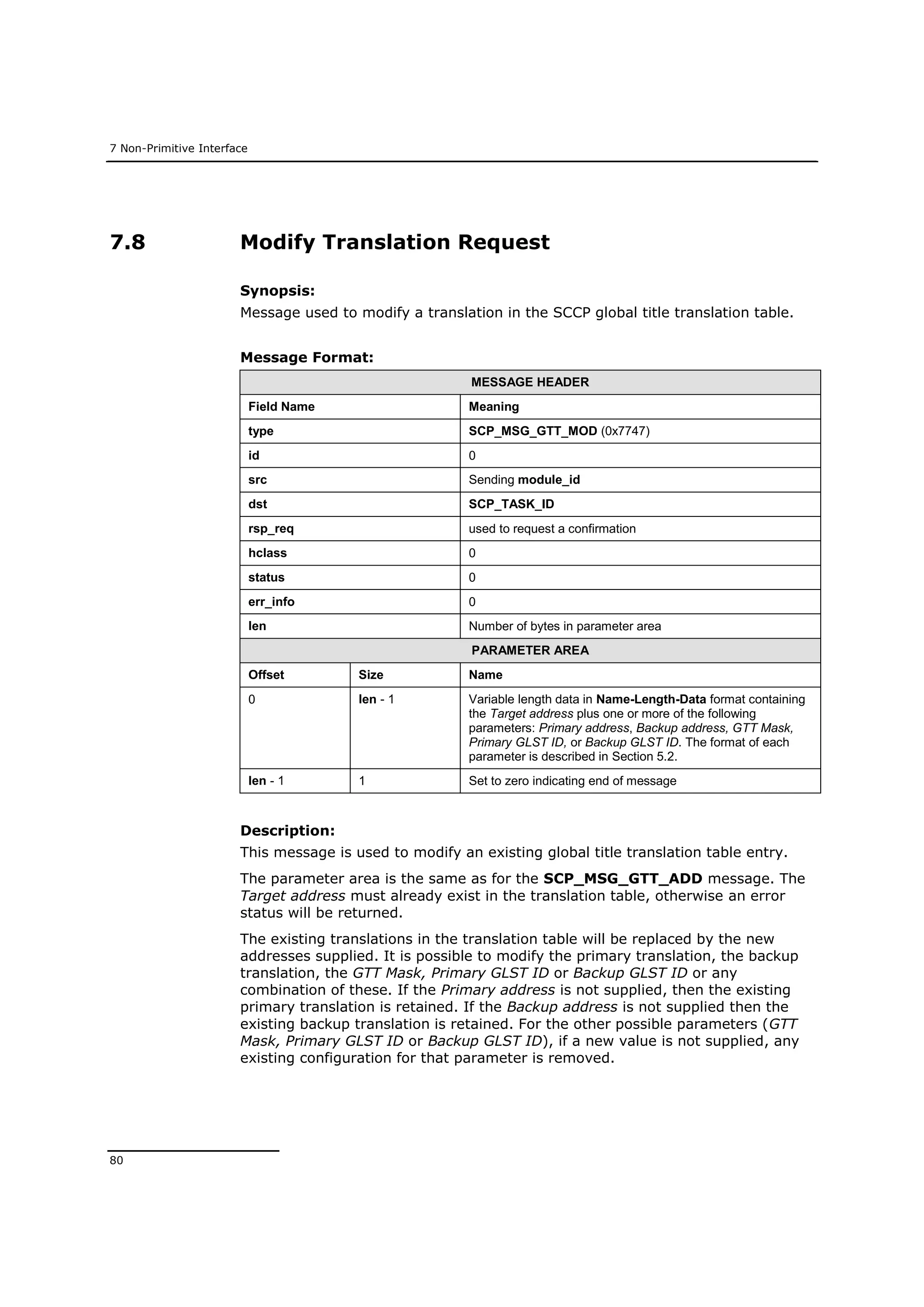 7 Non-Primitive Interface
80
7.8 Modify Translation Request
Synopsis:
Message used to modify a translation in the SCCP global title translation table.
Message Format:
MESSAGE HEADER
Field Name Meaning
type SCP_MSG_GTT_MOD (0x7747)
id 0
src Sending module_id
dst SCP_TASK_ID
rsp_req used to request a confirmation
hclass 0
status 0
err_info 0
len Number of bytes in parameter area
PARAMETER AREA
Offset Size Name
0 len - 1 Variable length data in Name-Length-Data format containing
the Target address plus one or more of the following
parameters: Primary address, Backup address, GTT Mask,
Primary GLST ID, or Backup GLST ID. The format of each
parameter is described in Section 5.2.
len - 1 1 Set to zero indicating end of message
Description:
This message is used to modify an existing global title translation table entry.
The parameter area is the same as for the SCP_MSG_GTT_ADD message. The
Target address must already exist in the translation table, otherwise an error
status will be returned.
The existing translations in the translation table will be replaced by the new
addresses supplied. It is possible to modify the primary translation, the backup
translation, the GTT Mask, Primary GLST ID or Backup GLST ID or any
combination of these. If the Primary address is not supplied, then the existing
primary translation is retained. If the Backup address is not supplied then the
existing backup translation is retained. For the other possible parameters (GTT
Mask, Primary GLST ID or Backup GLST ID), if a new value is not supplied, any
existing configuration for that parameter is removed.
 