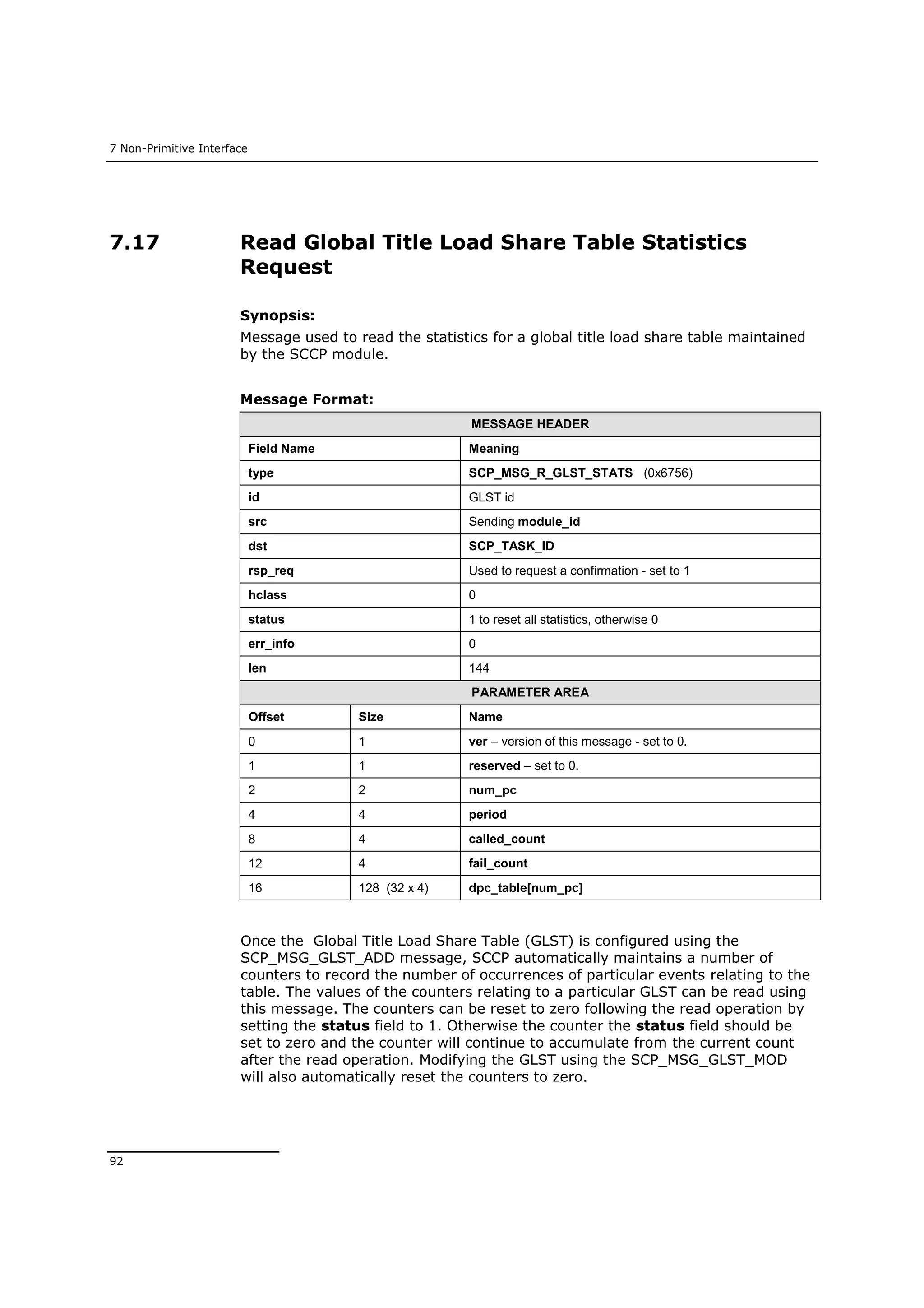 7 Non-Primitive Interface
92
7.17 Read Global Title Load Share Table Statistics
Request
Synopsis:
Message used to read the statistics for a global title load share table maintained
by the SCCP module.
Message Format:
MESSAGE HEADER
Field Name Meaning
type SCP_MSG_R_GLST_STATS (0x6756)
id GLST id
src Sending module_id
dst SCP_TASK_ID
rsp_req Used to request a confirmation - set to 1
hclass 0
status 1 to reset all statistics, otherwise 0
err_info 0
len 144
PARAMETER AREA
Offset Size Name
0 1 ver – version of this message - set to 0.
1 1 reserved – set to 0.
2 2 num_pc
4 4 period
8 4 called_count
12 4 fail_count
16 128 (32 x 4) dpc_table[num_pc]
Once the Global Title Load Share Table (GLST) is configured using the
SCP_MSG_GLST_ADD message, SCCP automatically maintains a number of
counters to record the number of occurrences of particular events relating to the
table. The values of the counters relating to a particular GLST can be read using
this message. The counters can be reset to zero following the read operation by
setting the status field to 1. Otherwise the counter the status field should be
set to zero and the counter will continue to accumulate from the current count
after the read operation. Modifying the GLST using the SCP_MSG_GLST_MOD
will also automatically reset the counters to zero.
 