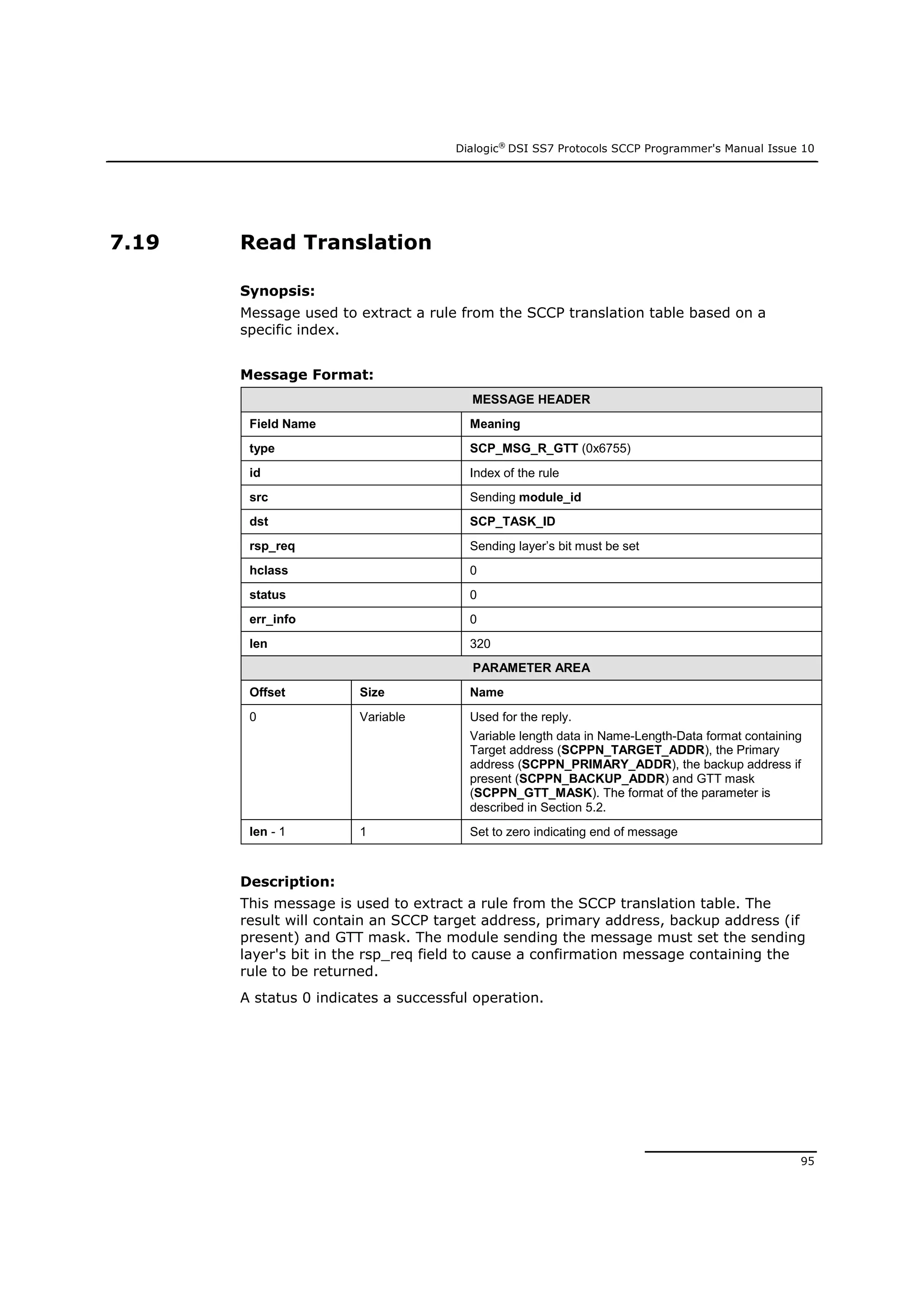 Dialogic®
DSI SS7 Protocols SCCP Programmer's Manual Issue 10
95
7.19 Read Translation
Synopsis:
Message used to extract a rule from the SCCP translation table based on a
specific index.
Message Format:
MESSAGE HEADER
Field Name Meaning
type SCP_MSG_R_GTT (0x6755)
id Index of the rule
src Sending module_id
dst SCP_TASK_ID
rsp_req Sending layer’s bit must be set
hclass 0
status 0
err_info 0
len 320
PARAMETER AREA
Offset Size Name
0 Variable Used for the reply.
Variable length data in Name-Length-Data format containing
Target address (SCPPN_TARGET_ADDR), the Primary
address (SCPPN_PRIMARY_ADDR), the backup address if
present (SCPPN_BACKUP_ADDR) and GTT mask
(SCPPN_GTT_MASK). The format of the parameter is
described in Section 5.2.
len - 1 1 Set to zero indicating end of message
Description:
This message is used to extract a rule from the SCCP translation table. The
result will contain an SCCP target address, primary address, backup address (if
present) and GTT mask. The module sending the message must set the sending
layer's bit in the rsp_req field to cause a confirmation message containing the
rule to be returned.
A status 0 indicates a successful operation.
 