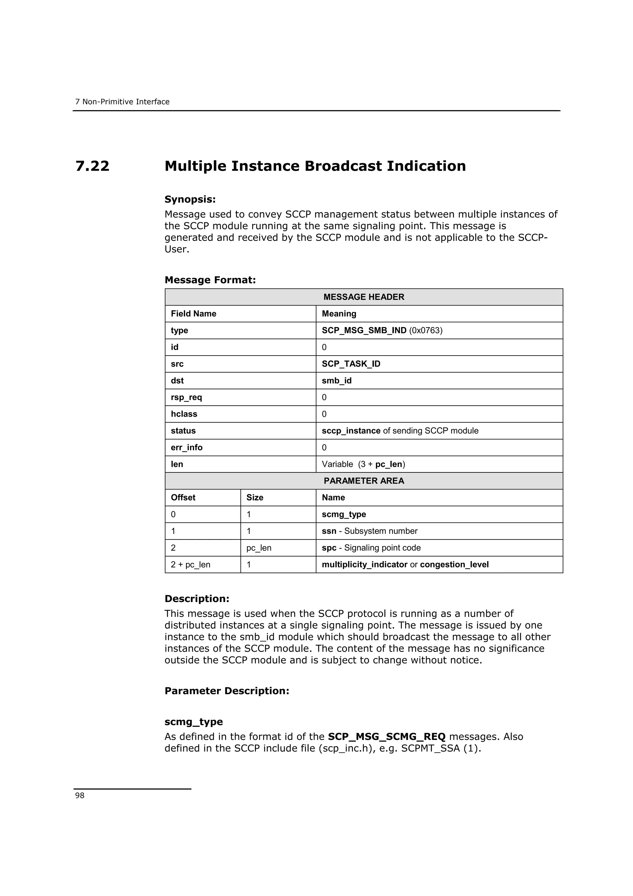 7 Non-Primitive Interface
98
7.22 Multiple Instance Broadcast Indication
Synopsis:
Message used to convey SCCP management status between multiple instances of
the SCCP module running at the same signaling point. This message is
generated and received by the SCCP module and is not applicable to the SCCP-
User.
Message Format:
MESSAGE HEADER
Field Name Meaning
type SCP_MSG_SMB_IND (0x0763)
id 0
src SCP_TASK_ID
dst smb_id
rsp_req 0
hclass 0
status sccp_instance of sending SCCP module
err_info 0
len Variable (3 + pc_len)
PARAMETER AREA
Offset Size Name
0 1 scmg_type
1 1 ssn - Subsystem number
2 pc_len spc - Signaling point code
2 + pc_len 1 multiplicity_indicator or congestion_level
Description:
This message is used when the SCCP protocol is running as a number of
distributed instances at a single signaling point. The message is issued by one
instance to the smb_id module which should broadcast the message to all other
instances of the SCCP module. The content of the message has no significance
outside the SCCP module and is subject to change without notice.
Parameter Description:
scmg_type
As defined in the format id of the SCP_MSG_SCMG_REQ messages. Also
defined in the SCCP include file (scp_inc.h), e.g. SCPMT_SSA (1).
 