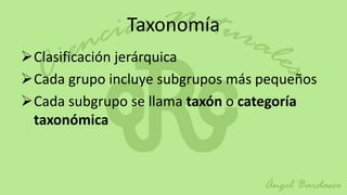 Taxonomía
Clasificación jerárquica
Cada grupo incluye subgrupos más pequeños
Cada subgrupo se llama taxón o categoría
 taxonómica
 