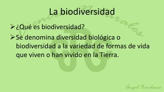 La biodiversidad
¿Qué es biodiversidad?
Se denomina diversidad biológica o
 biodiversidad a la variedad de formas de vida
 que viven o han vivido en la Tierra.
 