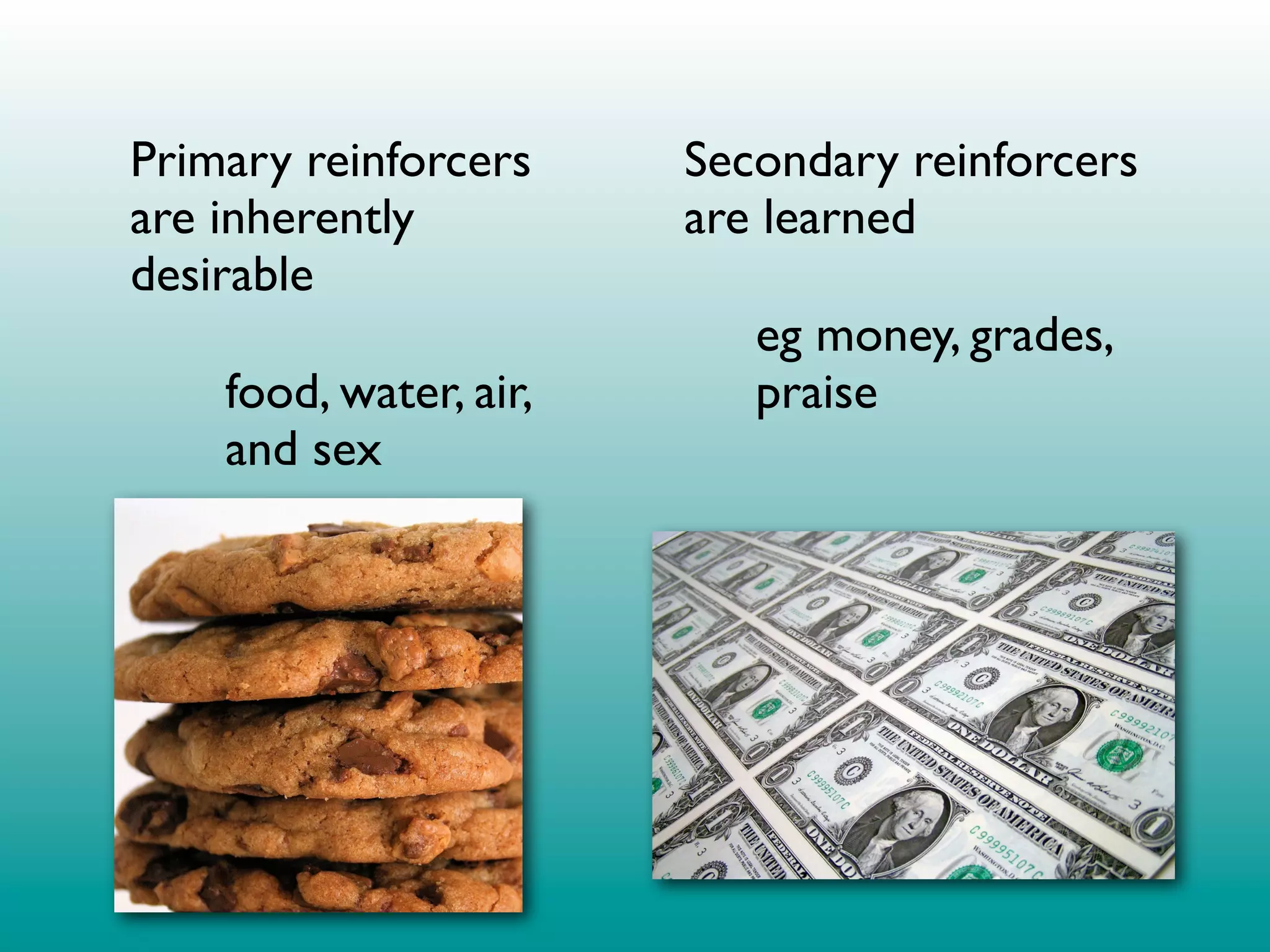 Primary reinforcers     Secondary reinforcers
are inherently          are learned
desirable
                           eg money, grades,
    food, water, air,      praise
    and sex
 