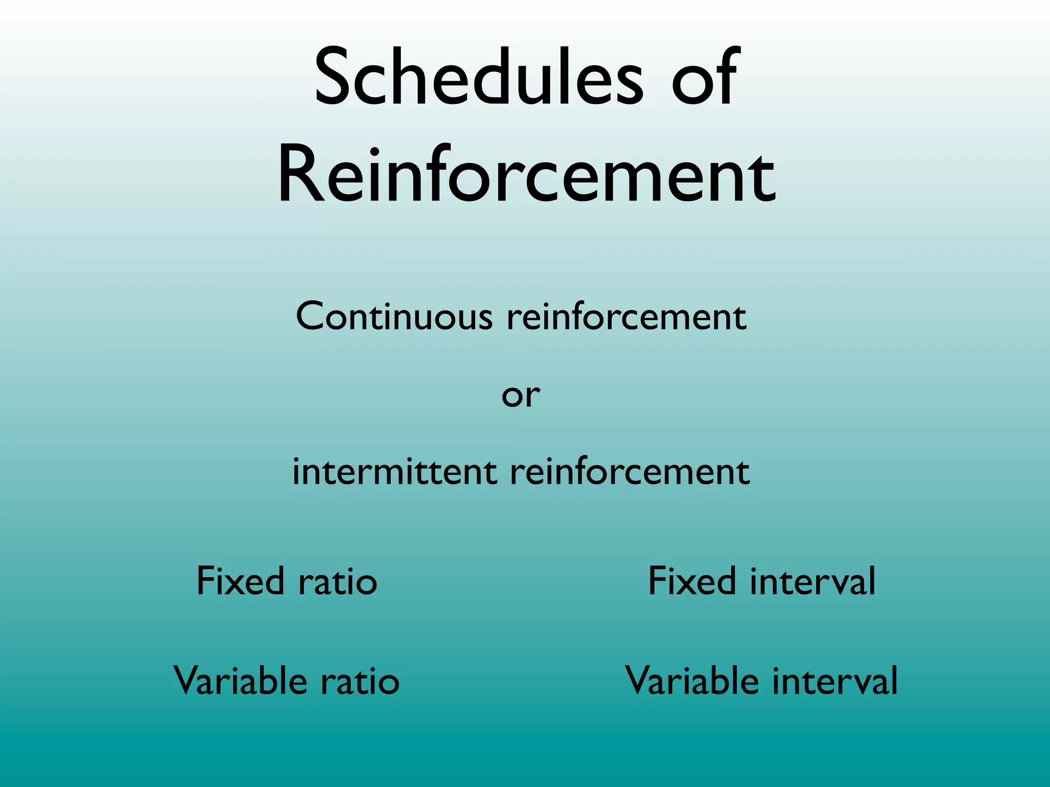 Schedules of
      Reinforcement
       Continuous reinforcement
                  or
       intermittent reinforcement

 Fixed ratio               Fixed interval

Variable ratio           Variable interval
 