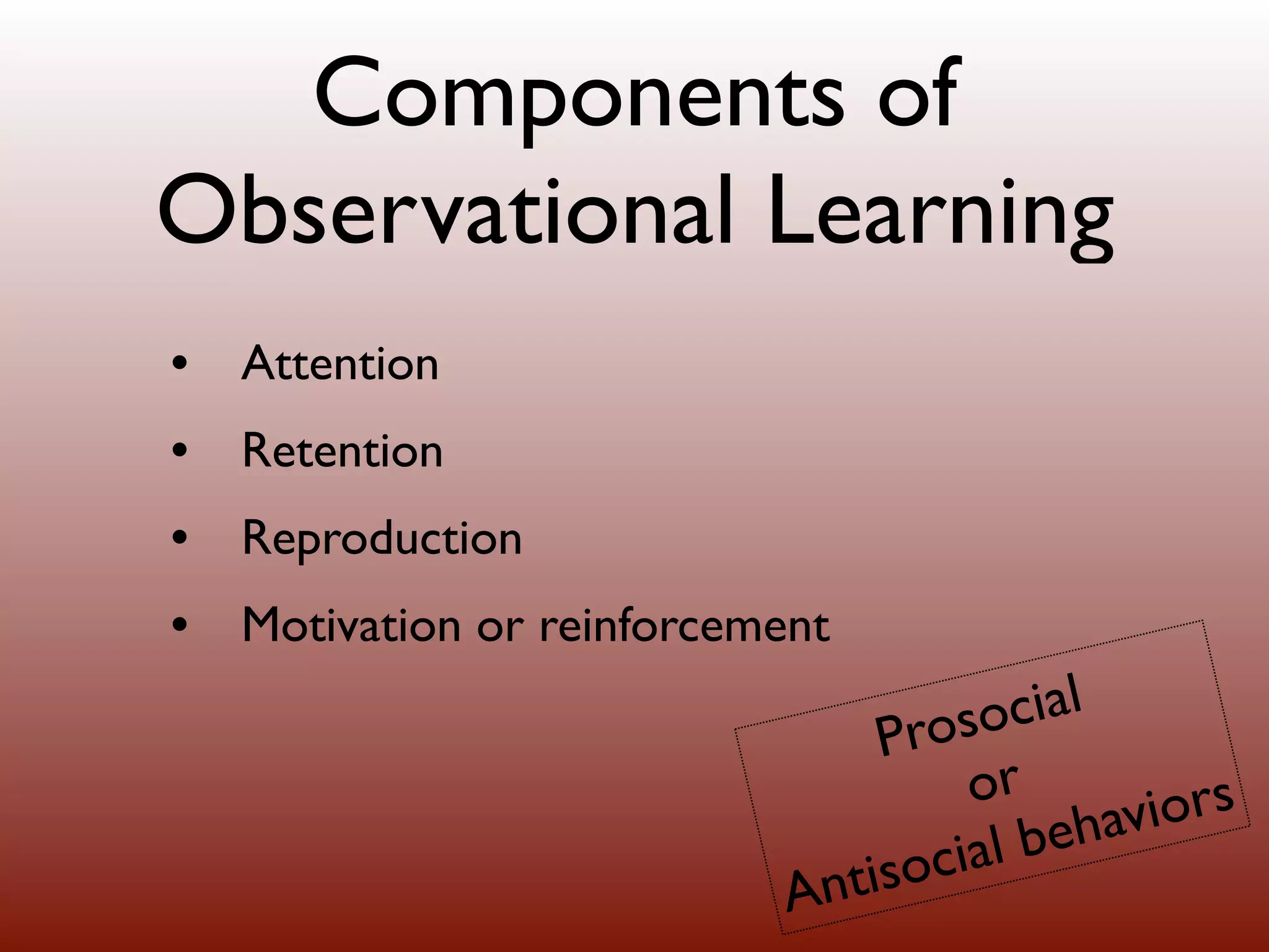 Components of
Observational Learning
• Attention
• Retention
• Reproduction
• Motivation or reinforcement

                               Prosocial
                                   or
                                      behaviors
                           Antisocial
 