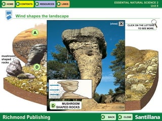 CLICK ON THE LETTERS TO SEE MORE . A B D C sand columns erg barchan reg mushroom shaped rocks Wind shapes the landscape MUSHROOM SHAPED ROCKS D X [close] 