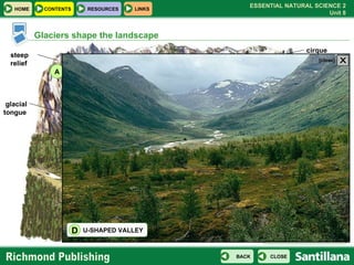 A B D C steep relief U-shaped valley glacial  tongue cirque Glaciers shape the landscape CLICK ON THE LETTERS TO SEE MORE. U-SHAPED VALLEY D X [close] 