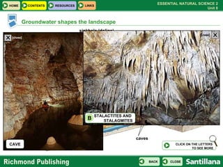 A B sinkhole (doline) caves Groundwater shapes the landscape CLICK ON THE LETTERS  TO SEE MORE CAVE STALACTITES AND  STALAGMITES B X [close] X [close] 
