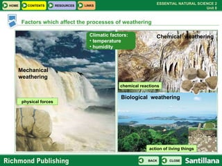 Factors which affect the processes of weathering Mechanical weathering Chemical  weathering Biological  weathering action of living things physical forces Climatic factors:  temperature  humidity chemical reactions  