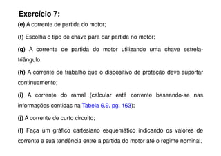 Exercício 7:
(e) A corrente de partida do motor;
(f) Escolha o tipo de chave para dar partida no motor;
(g) A corrente de partida do motor utilizando uma chave estrela-
triângulo;
(h) A corrente de trabalho que o dispositivo de proteção deve suportar
continuamente;
(i) A corrente do ramal (calcular está corrente baseando-se nas
informações contidas na Tabela 6.9, pg. 163);
(j) A corrente de curto circuito;
(l) Faça um gráfico cartesiano esquemático indicando os valores de
corrente e sua tendência entre a partida do motor até o regime nominal.
 